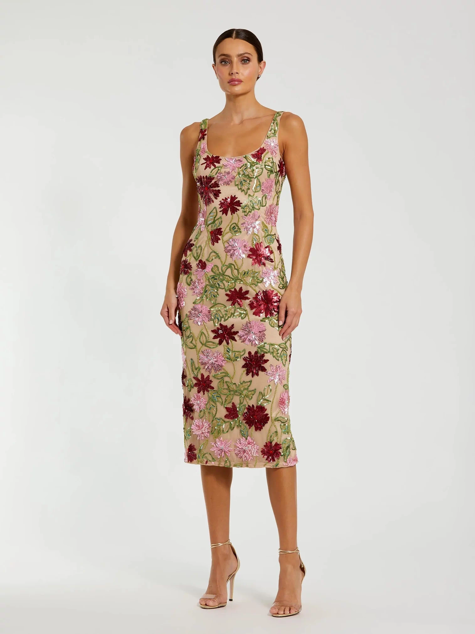 Beige Floral Beaded Scoop Neck Midi Dress