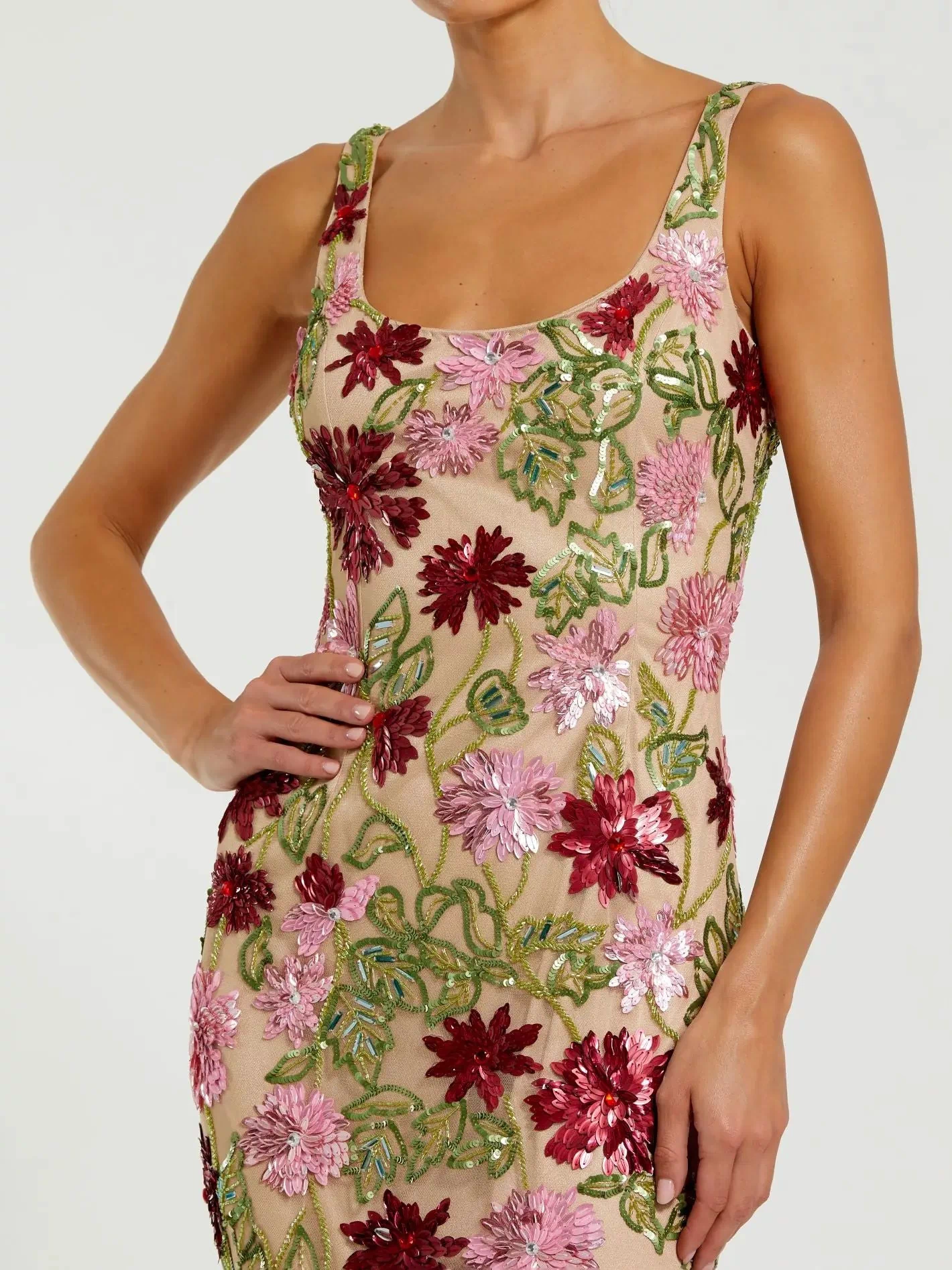 Beige Floral Beaded Scoop Neck Midi Dress - Mac Duggal