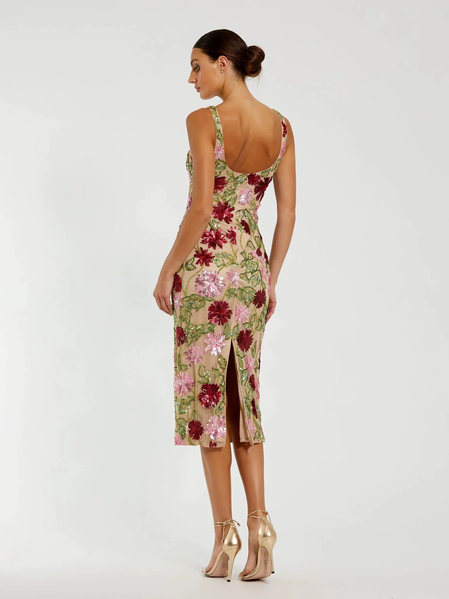 Beige Floral Beaded Scoop Neck Midi Dress - Mac Duggal