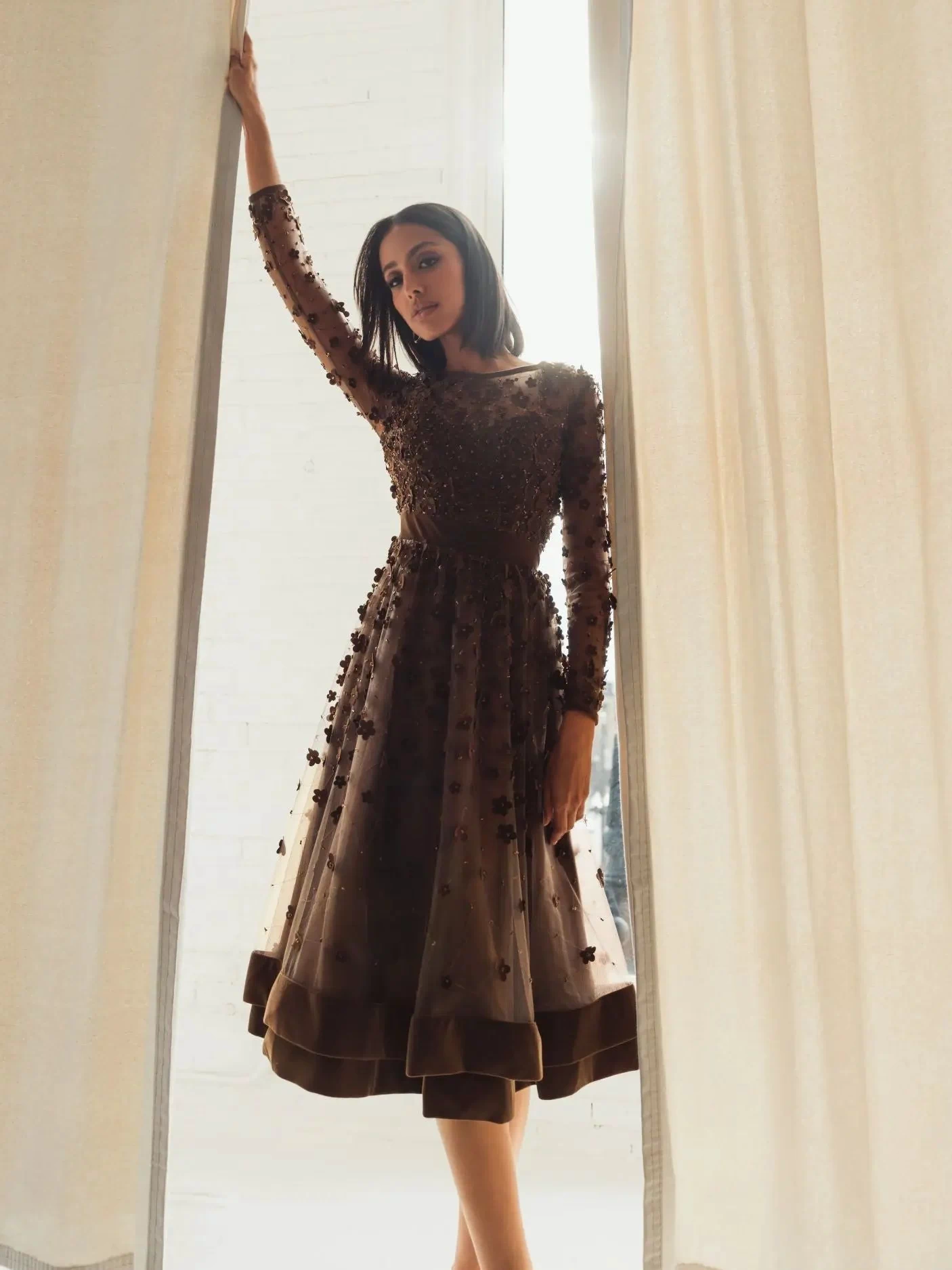 Brown Embellished Long Sleeve Velvet Trim A-Line Midi Dress