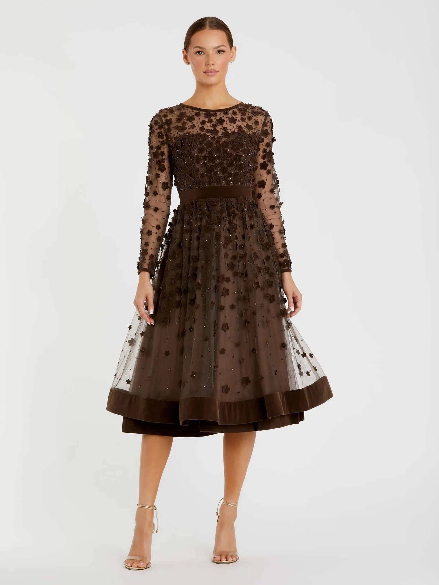 Brown Embellished Illusion High Neck Long Sleeve Fit & Flare Dress - Mac Duggal