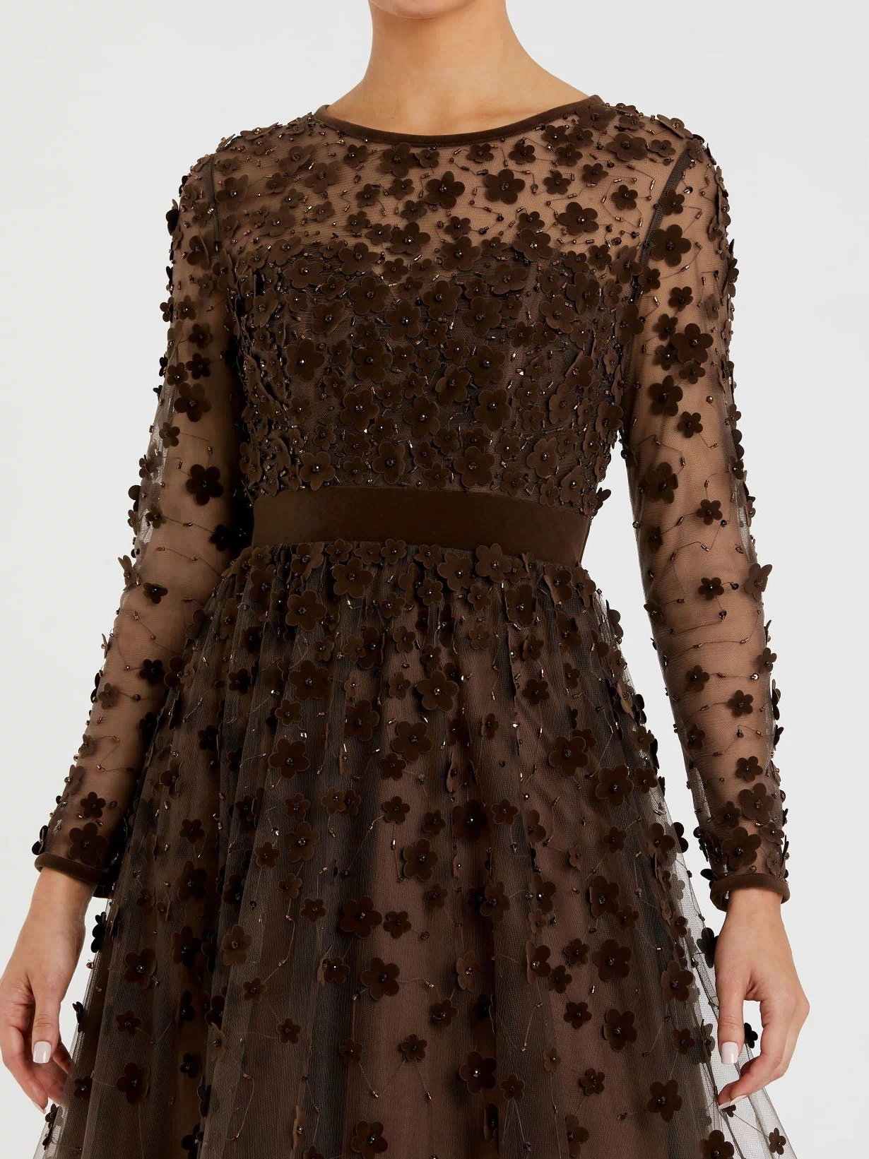 Brown Embellished Illusion High Neck Long Sleeve Fit & Flare Dress - Mac Duggal