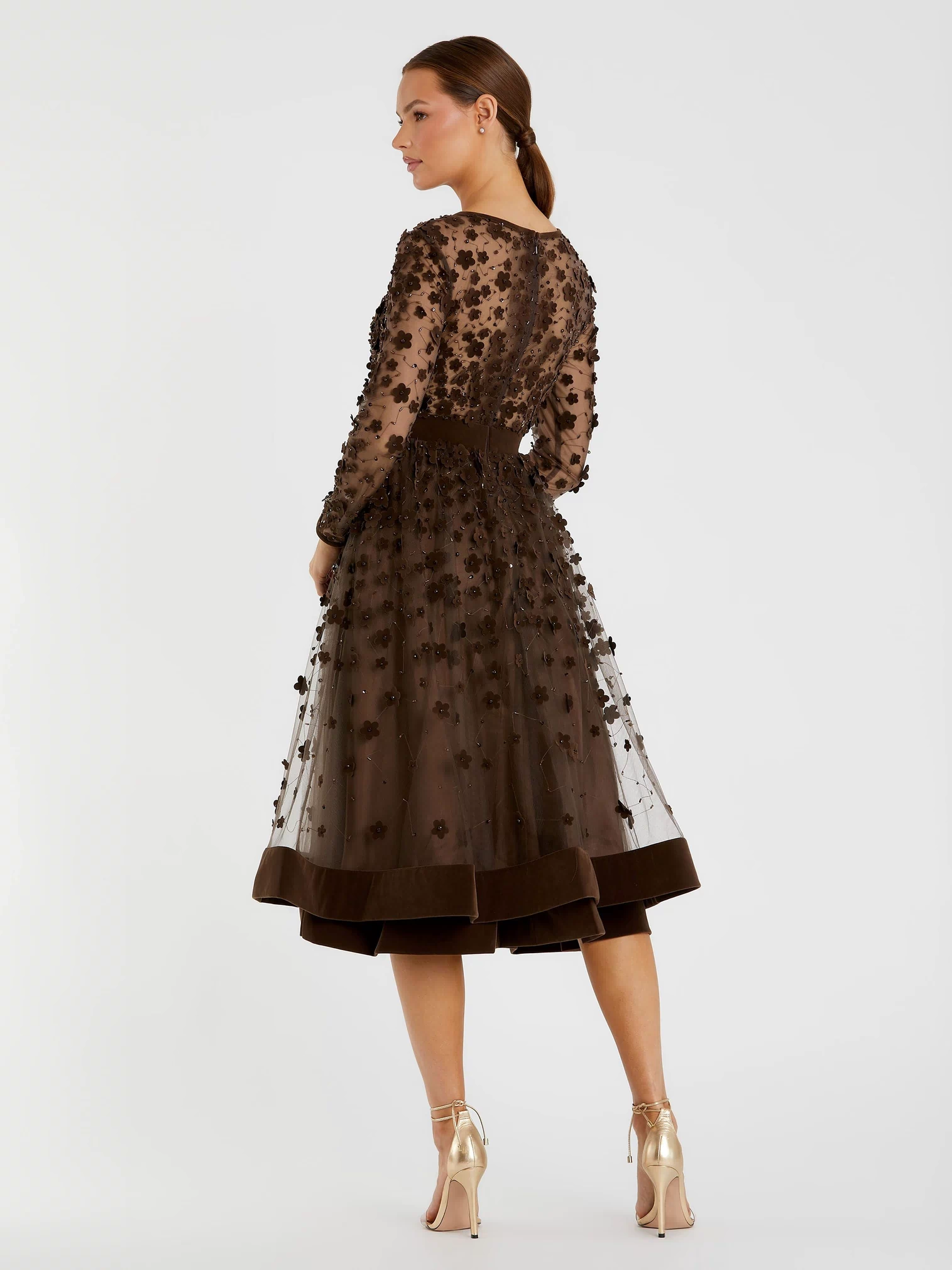 Brown Embellished Illusion High Neck Long Sleeve Fit & Flare Dress - Mac Duggal