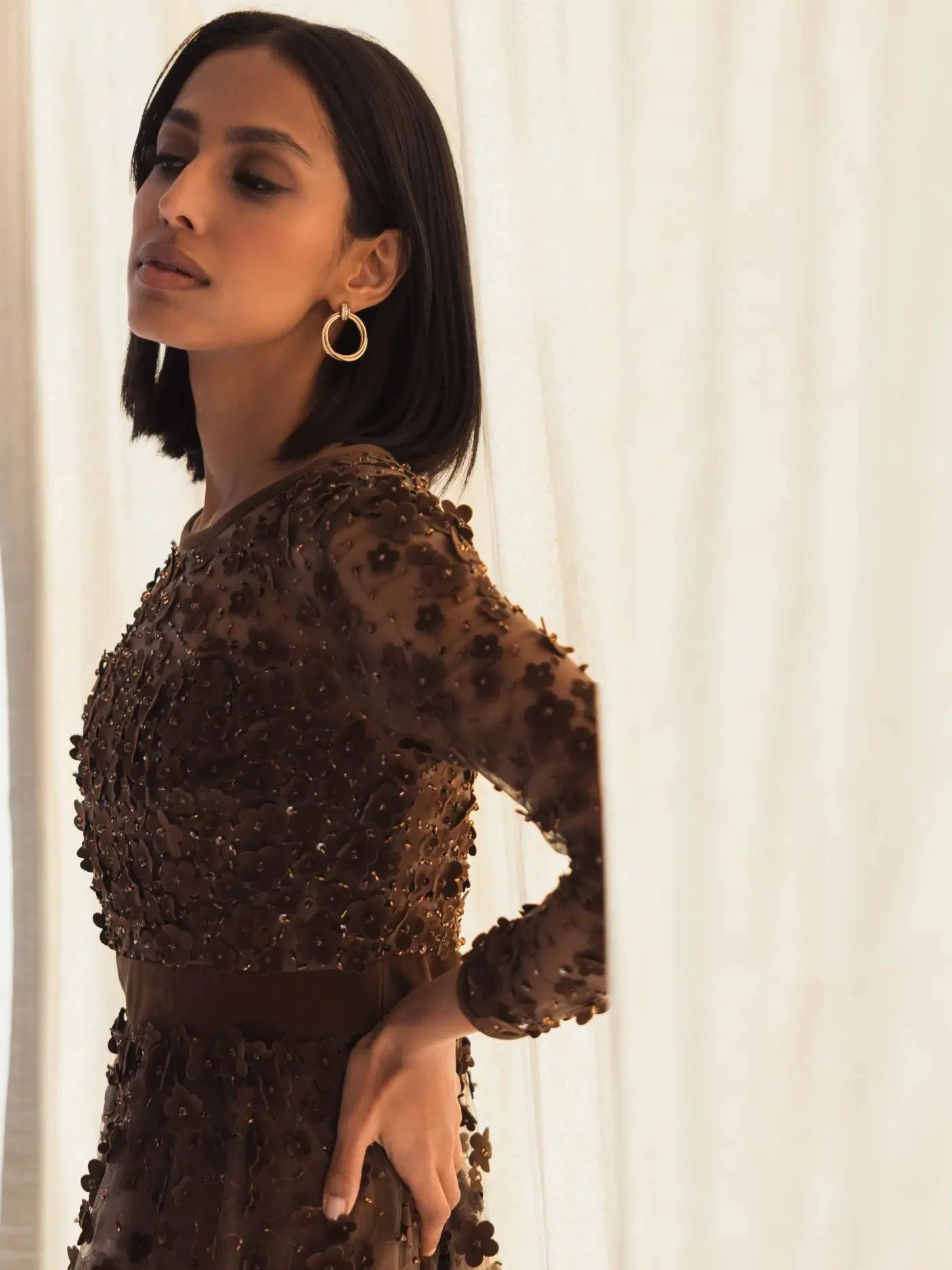 Brown Velvet Embellished Illusion Long Sleeve A-Line Midi Dress Mac Duggal