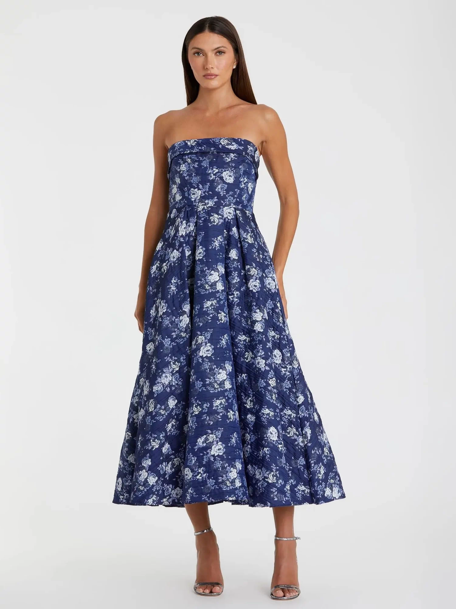 Blue Strapless Floral Brocade Midi Dress