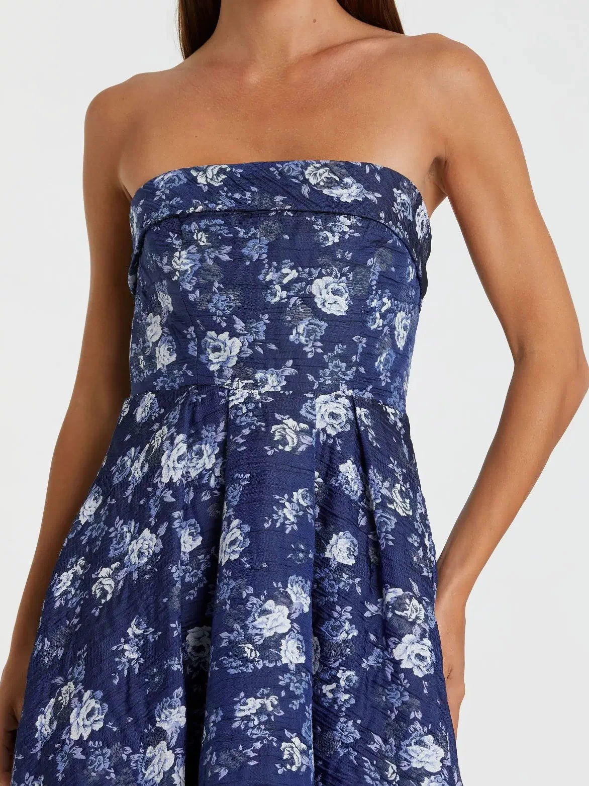 Blue Strapless Brocade Midi Dress - Mac Duggal