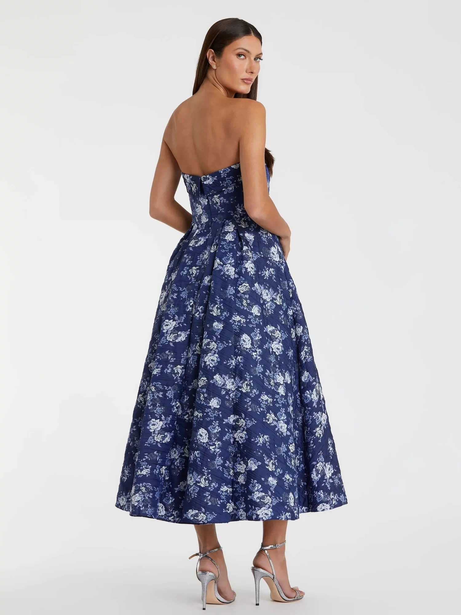 Blue Strapless Brocade Midi Dress - Mac Duggal