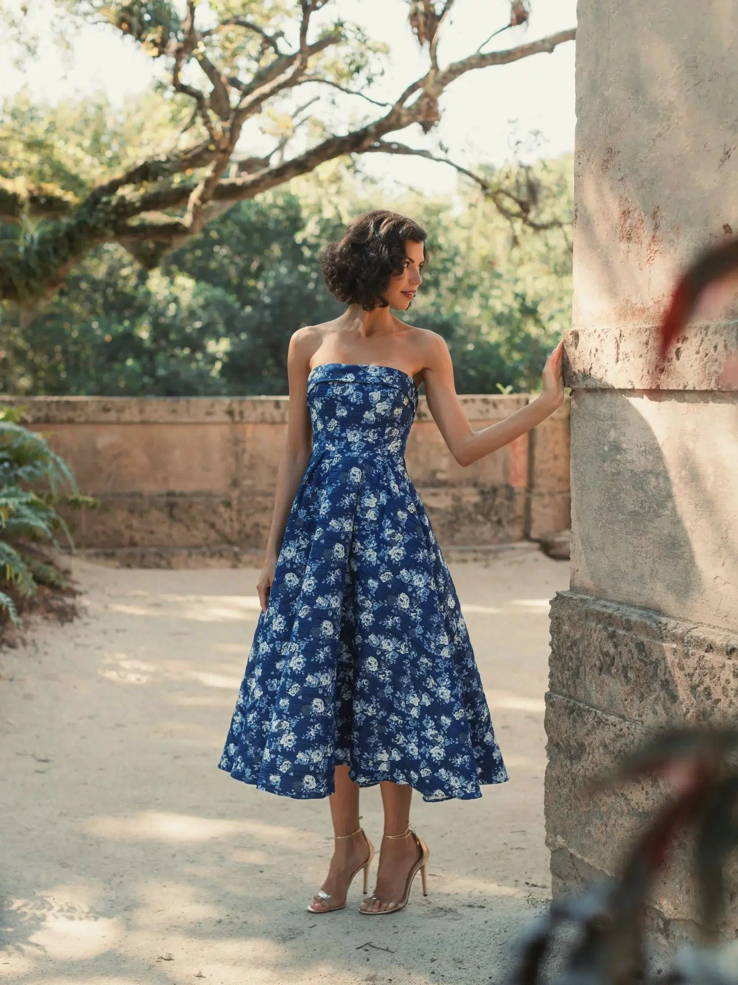 Blue Strapless Brocade Midi Dress - Mac Duggal