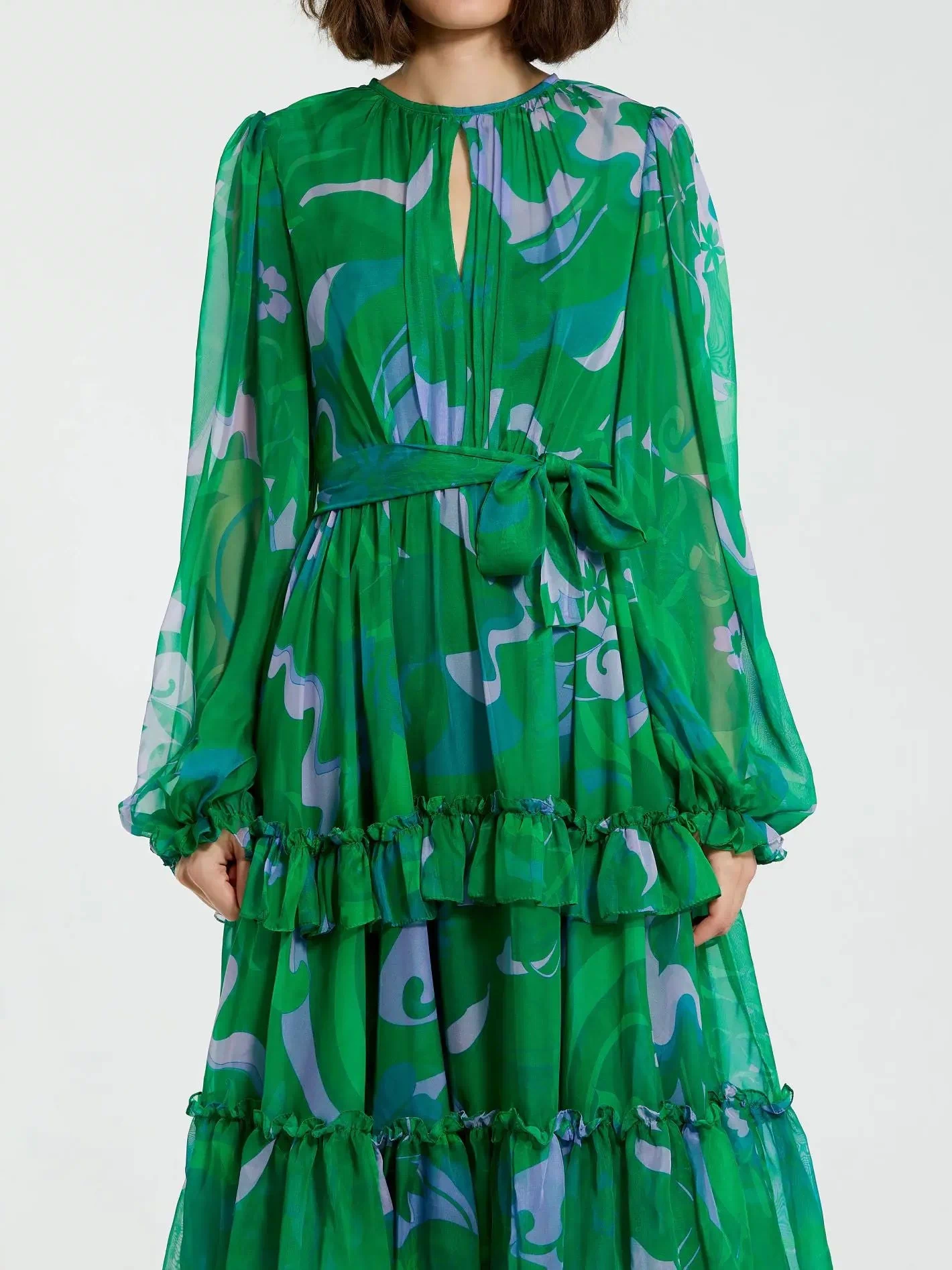 Green Printed Chiffon Bishop Sleeve Tie Waisted Ruffle Midi Dress - Mac Duggal