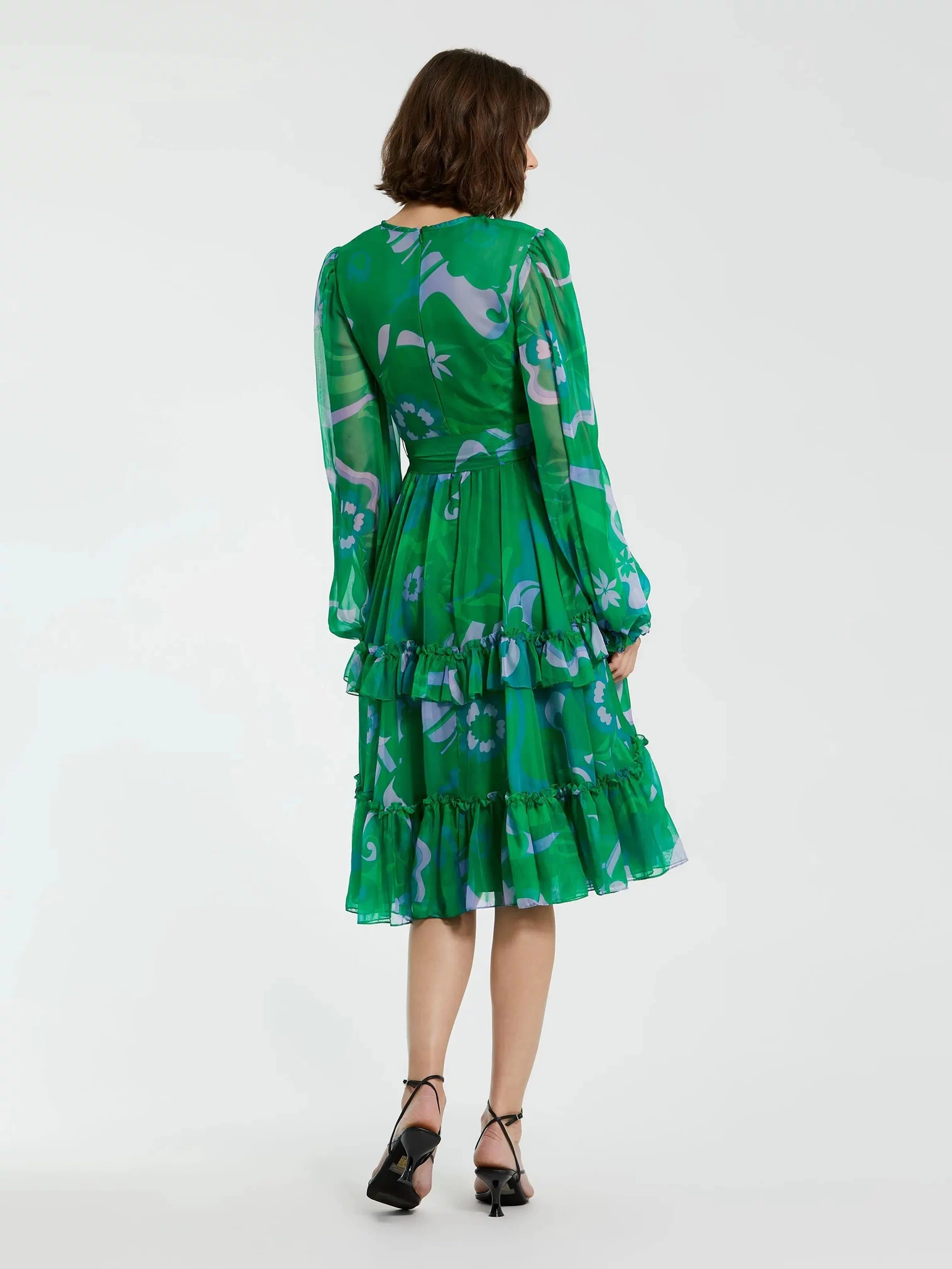 Green Printed Chiffon Bishop Sleeve Tie Waisted Ruffle Midi Dress - Mac Duggal