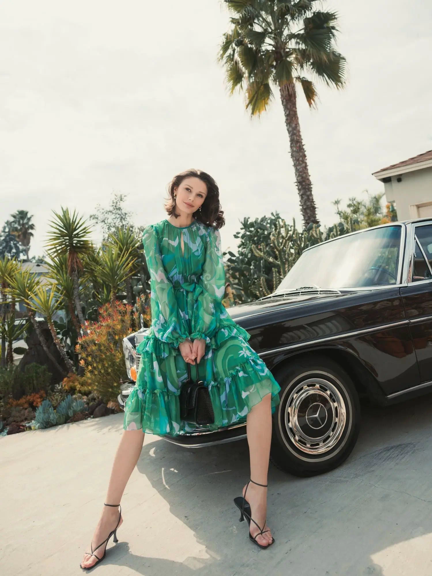 Green Printed Chiffon Bishop Sleeve Tie Waisted Ruffle Midi Dress - Mac Duggal