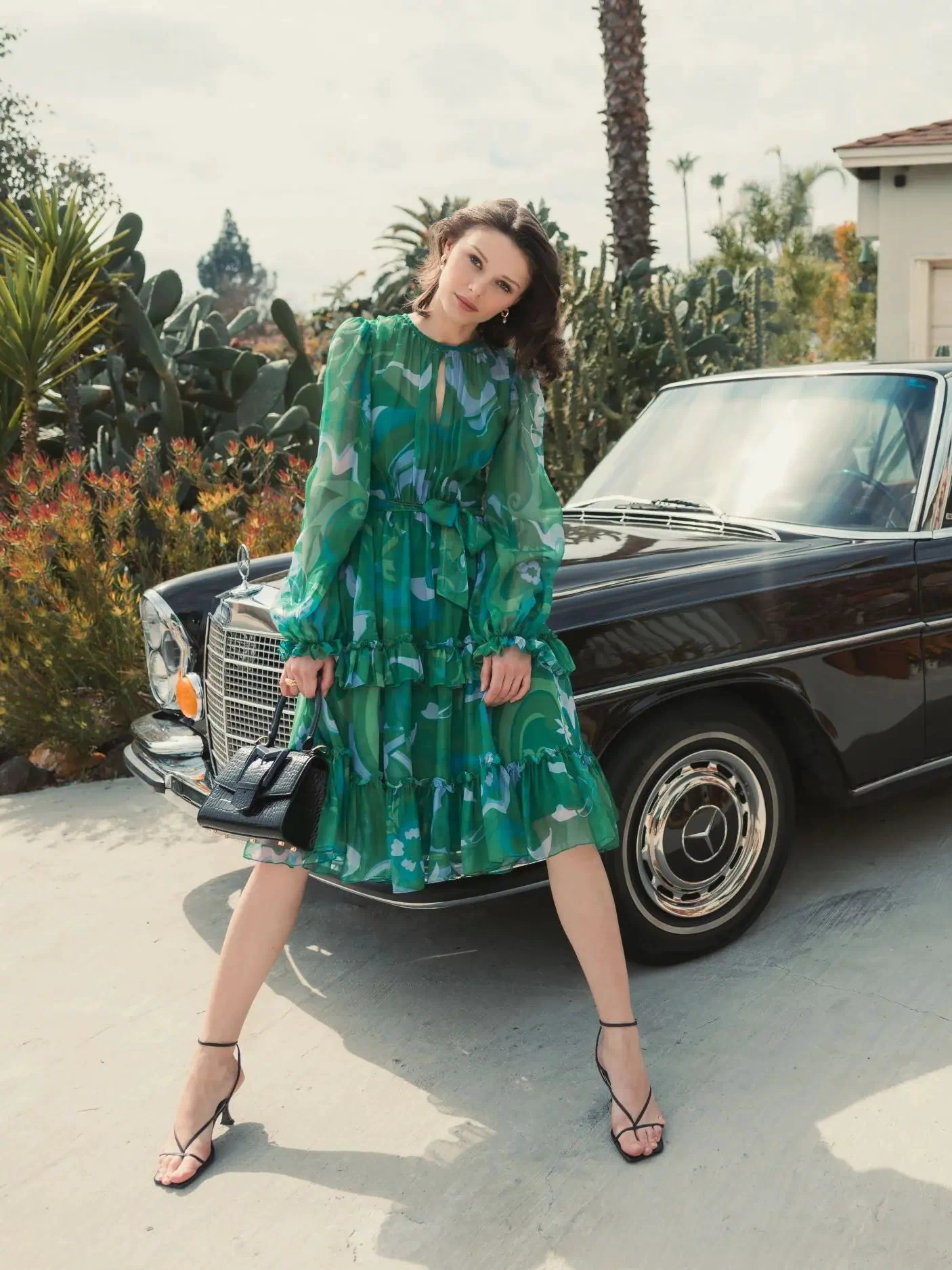 Green Printed Chiffon Bishop Sleeve Tie Waisted Ruffle Midi Dress - Mac Duggal