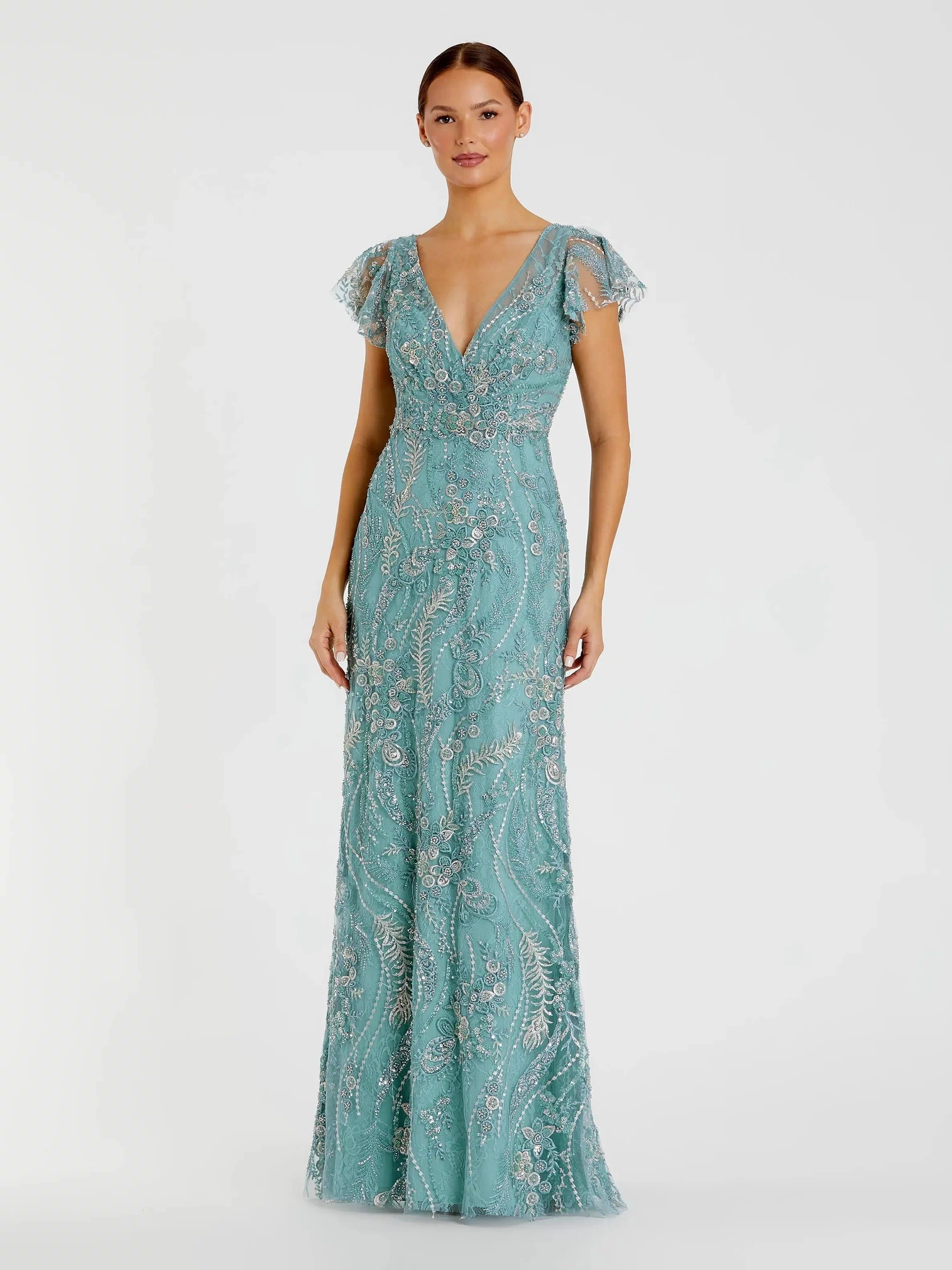 Blue V Neck Flutter Sleeve Embroidered Lace Gown