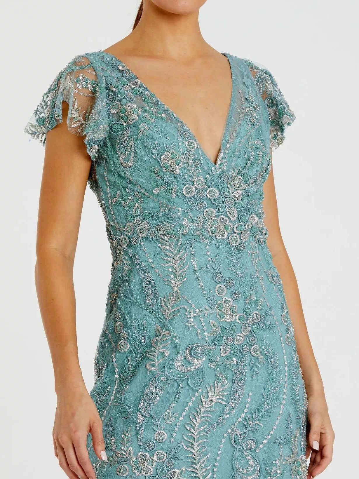 Blue V Neck Flutter Sleeve Embroidered Lace Gown - Mac Duggal