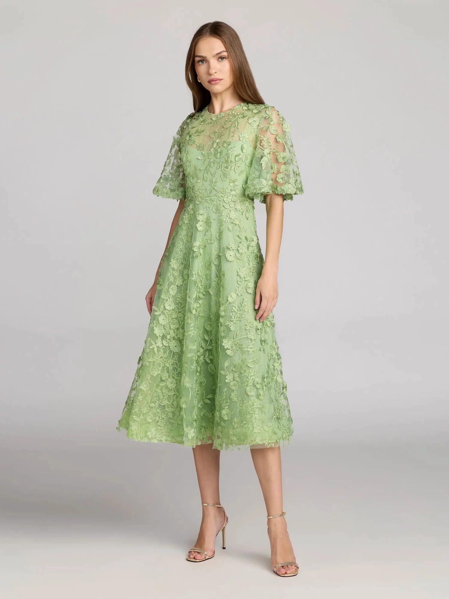 Green Flutter Sleeve Embroidered Midi Dress