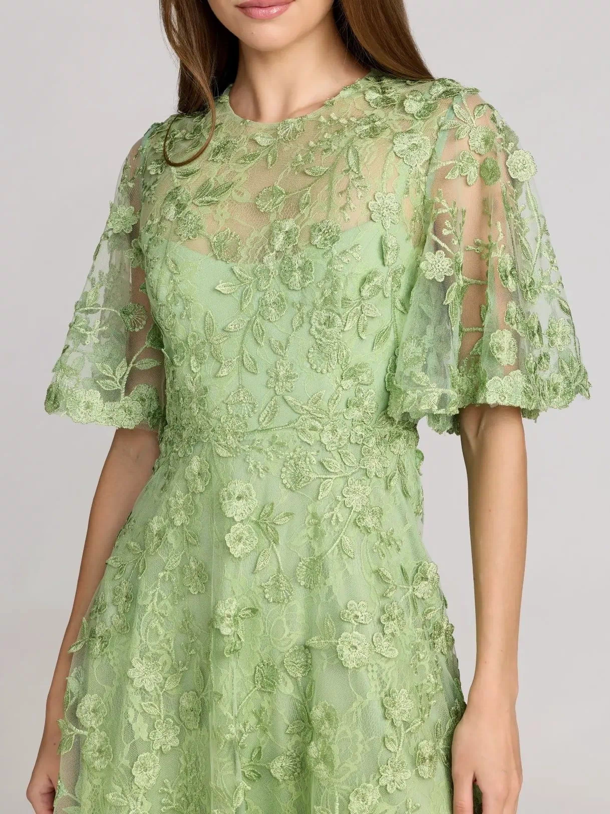 Green Flutter Sleeve Embroidered Midi Dress Mac Duggal
