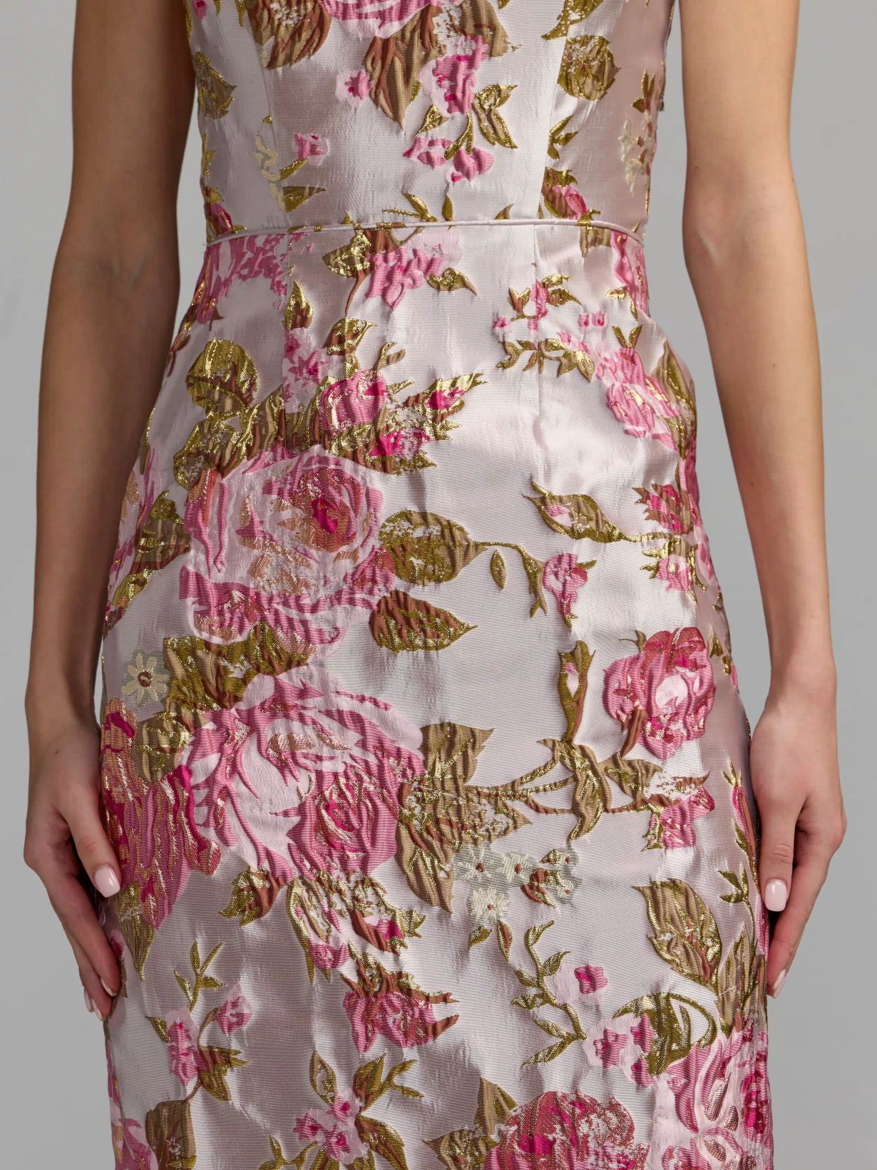 Light Pink Floral Brocade Bow Strap Midi Dress - Mac Duggal