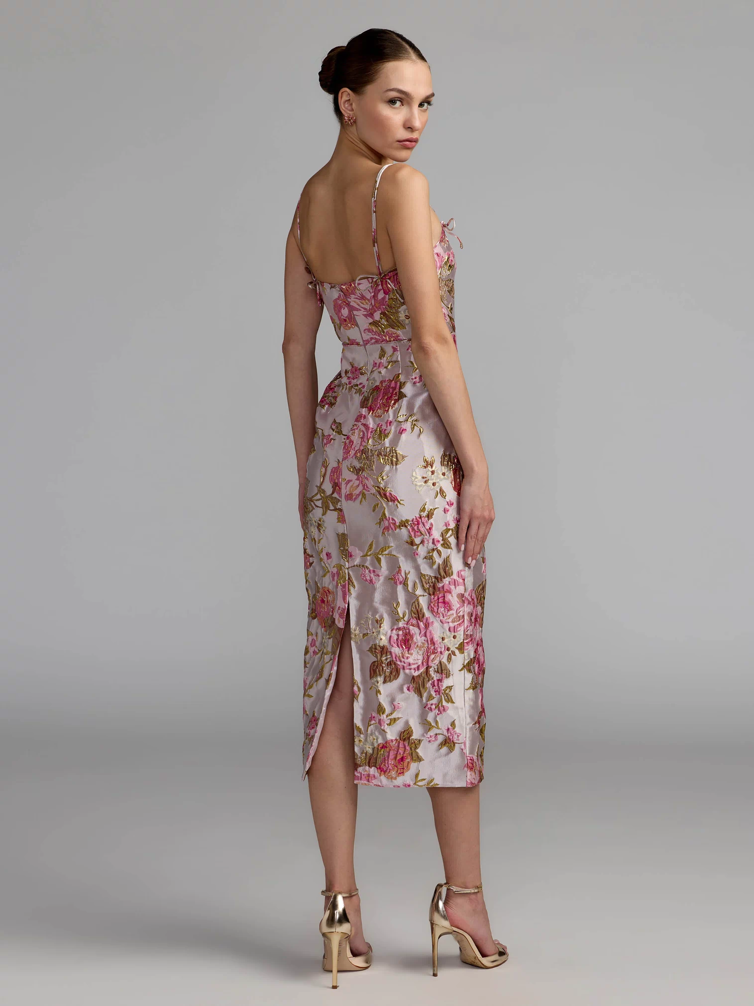 Light Pink Floral Brocade Bow Strap Midi Dress - Mac Duggal