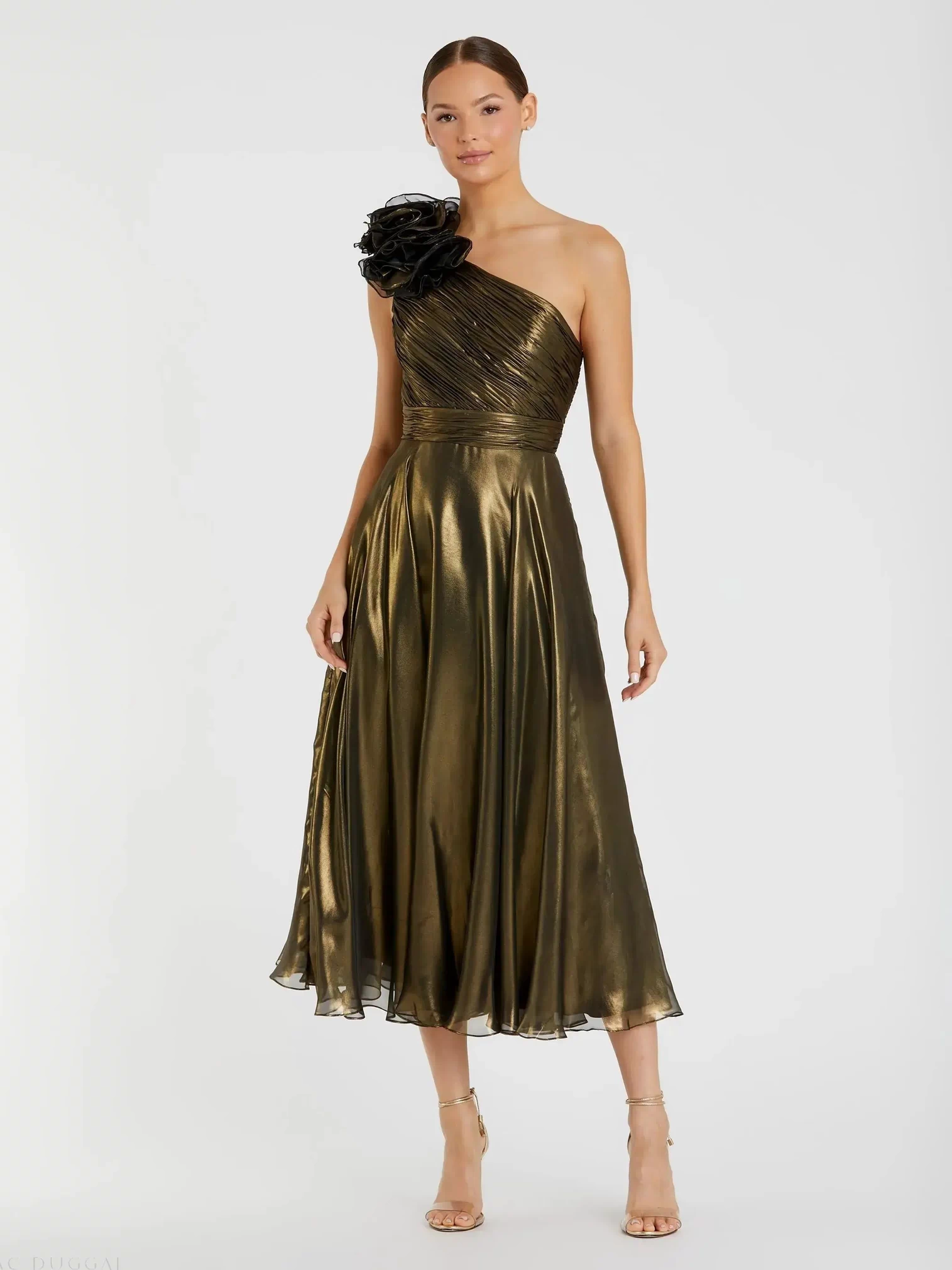 Gold Rosette One Shoulder Tea Length Dress