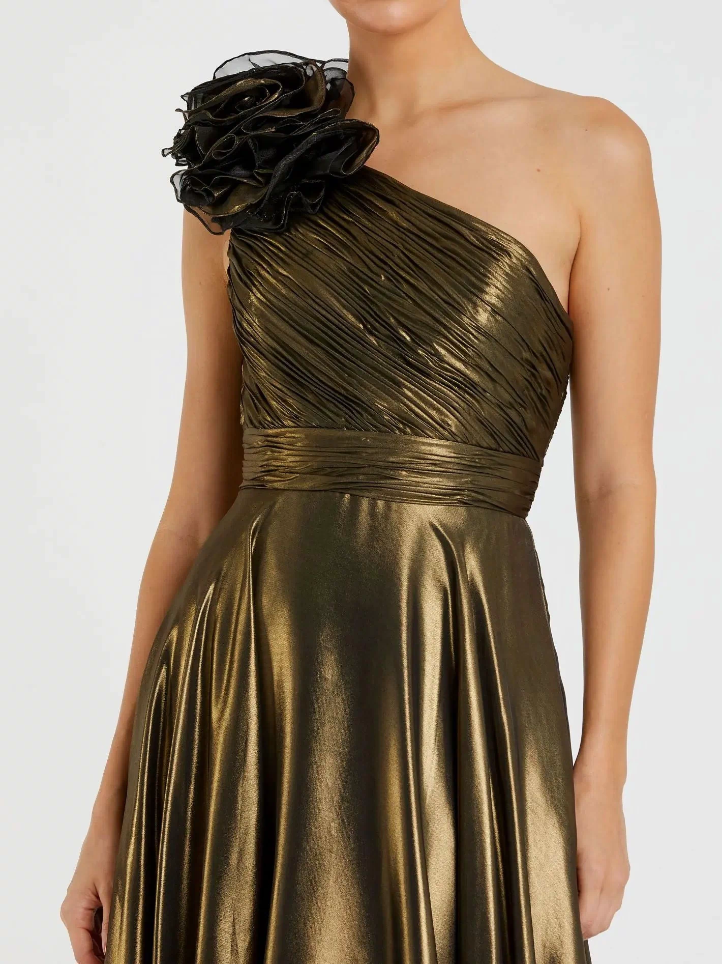 Gold Rosette One Shoulder Tea Length Dress - Mac Duggal