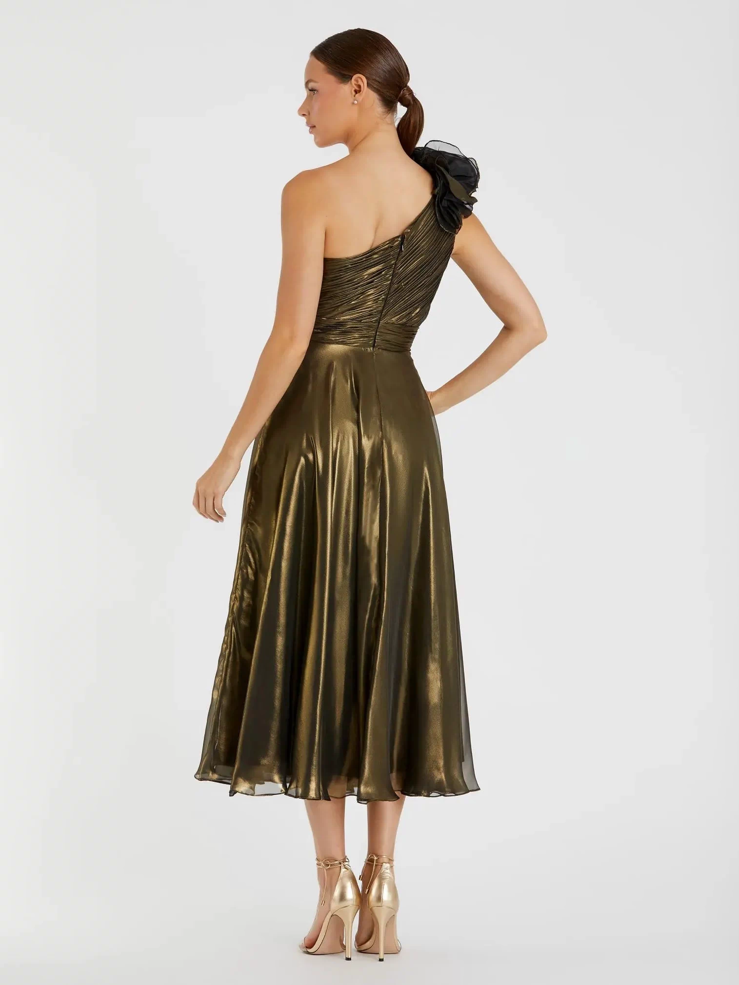 Gold Rosette One Shoulder Tea Length Dress - Mac Duggal
