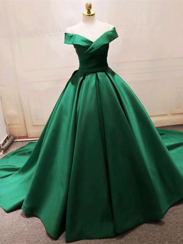Long Green Satin V-neck Ball Gowns Prom Dresses Off The Shoulder