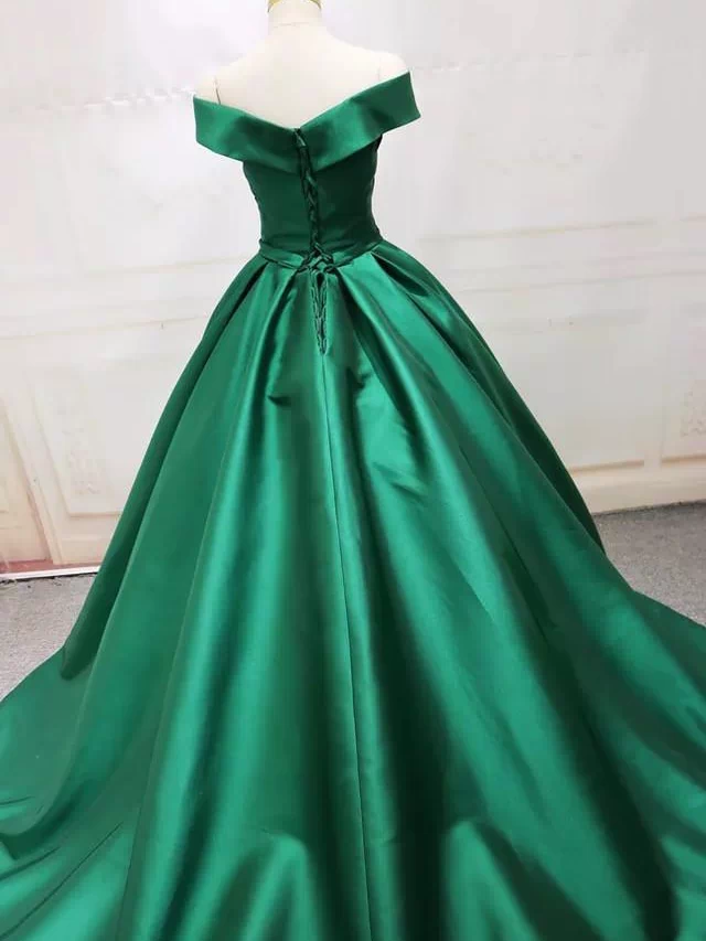 Long Green Satin V-neck Ball Gowns Prom Dresses Off The Shoulder