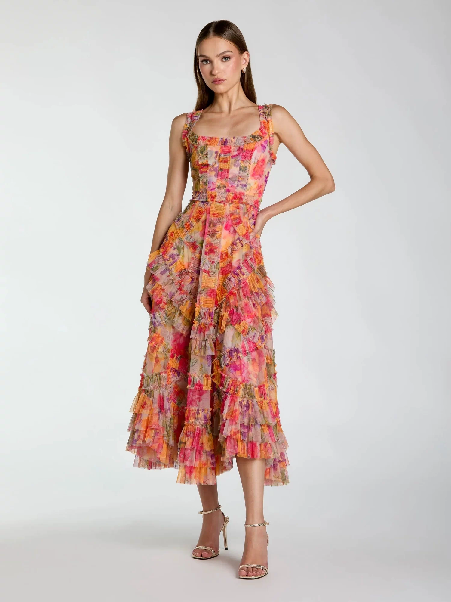 Multicolor Floral Scoop Neck A-Line Ruffle Midi Dress