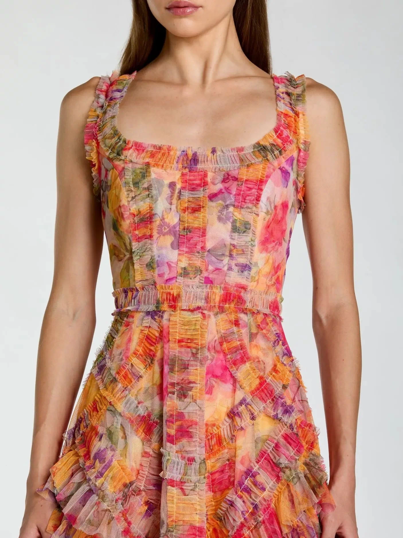 Multicolor Floral Scoop Neck A-Line Ruffle Midi Dress Mac Duggal