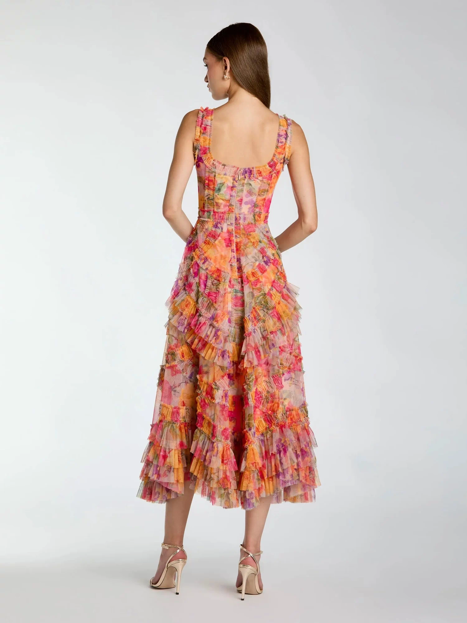 Multicolor Floral Scoop Neck A-Line Ruffle Midi Dress Mac Duggal