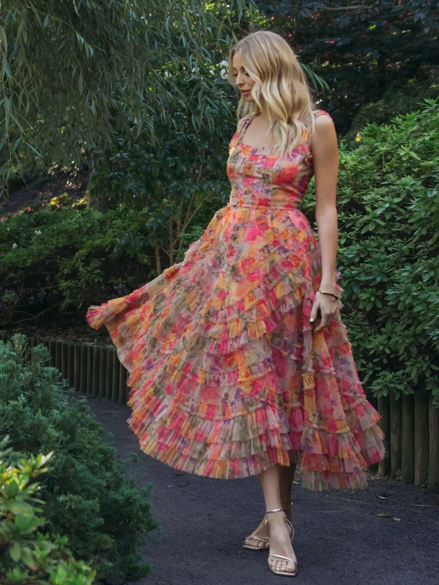 Multicolor Floral Scoop Neck A-Line Ruffle Midi Dress Mac Duggal
