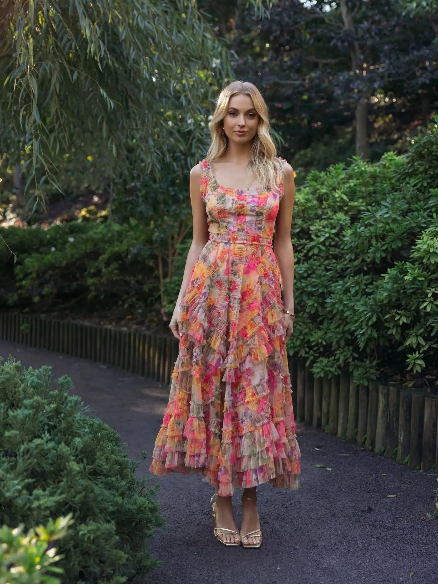 Multicolor Floral Scoop Neck A-Line Ruffle Midi Dress Mac Duggal