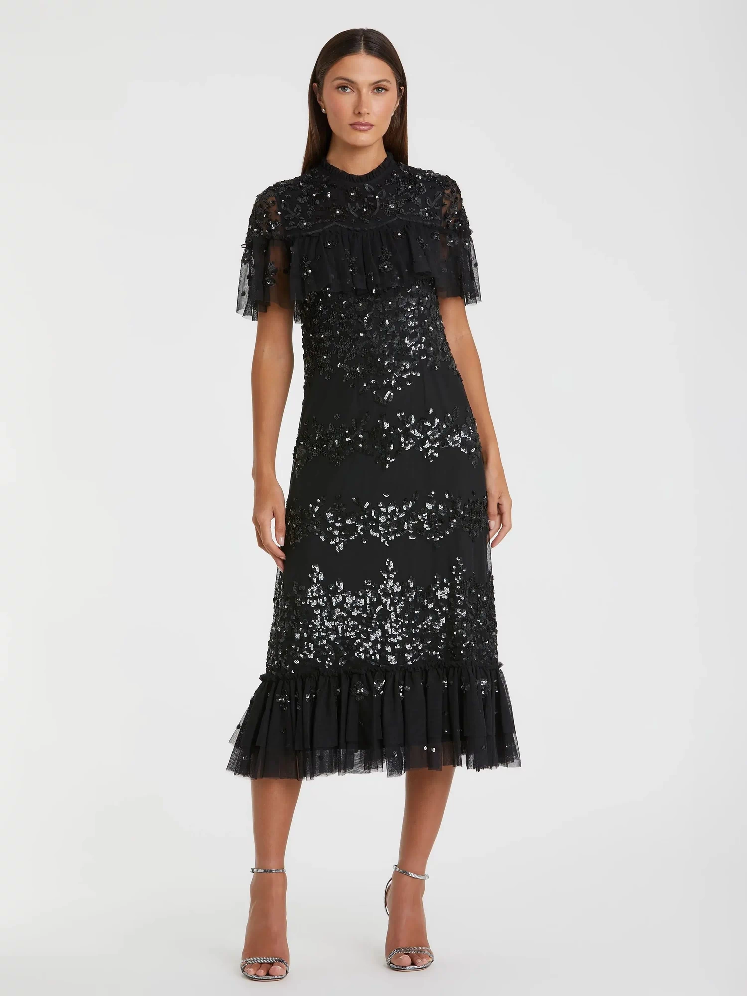 Black Sequined High Neck Ruffled Midi Dress