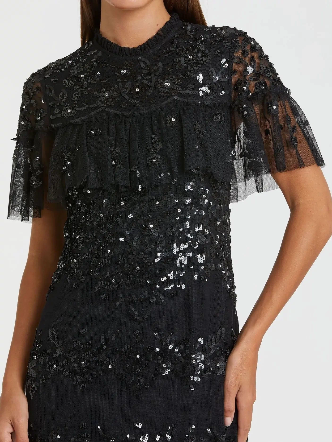 Black Sequined High Neck Ruffled Flutter Sleeve Midi Dress - Mac Duggal