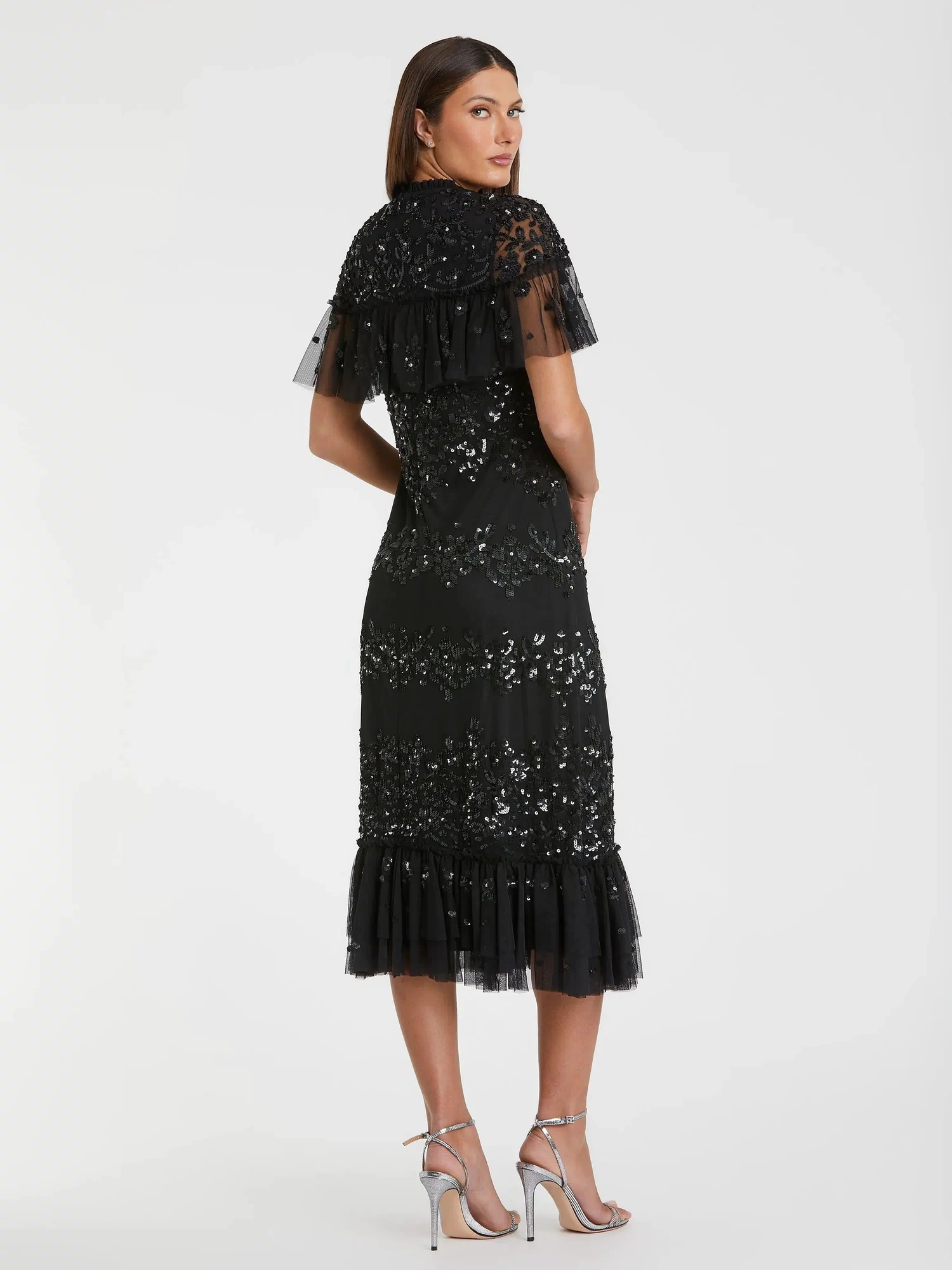 Black Sequined High Neck Ruffled Flutter Sleeve Midi Dress - Mac Duggal