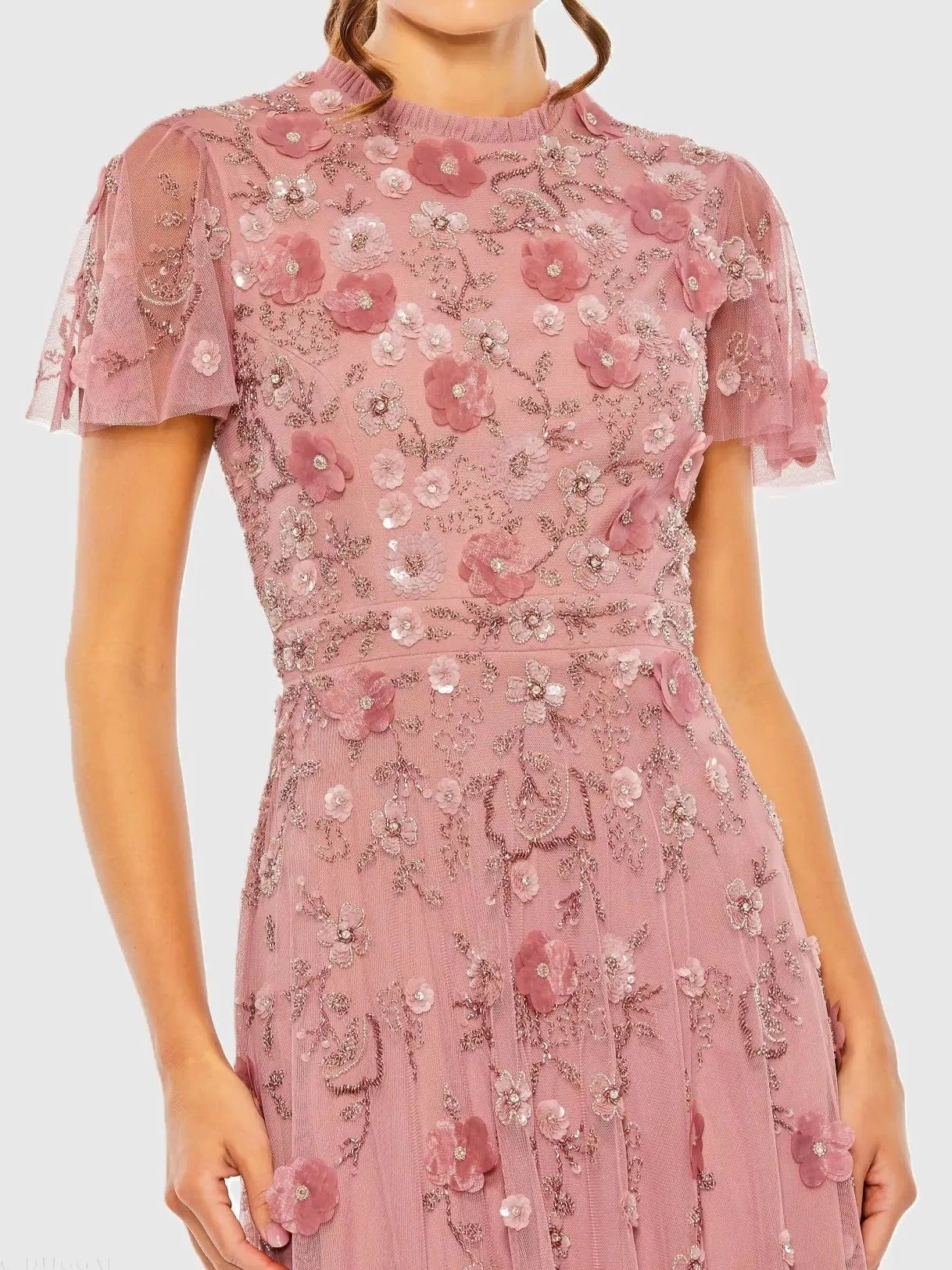 Pink Embellished High Neck Cap Sleeve A Line Dress - Mac Duggal