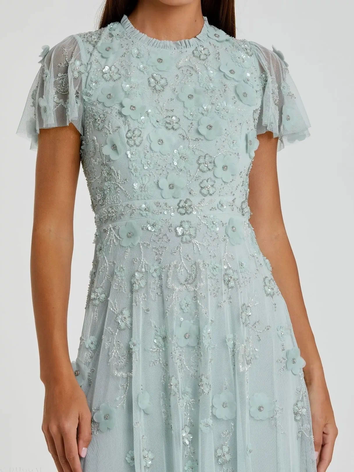 Blue Embellished High Neck Cap Sleeve A Line Dress - Mac Duggal