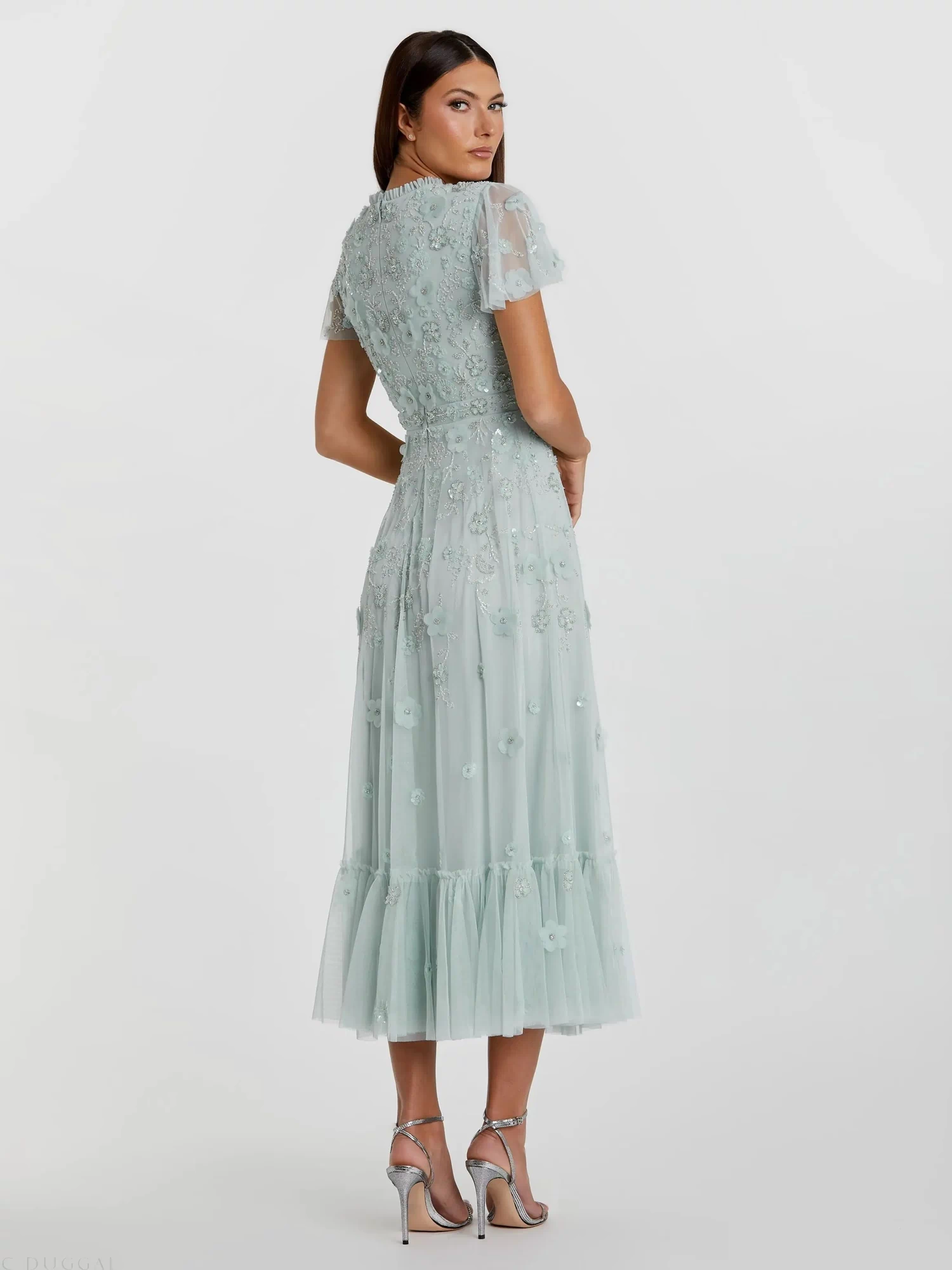 Blue Embellished High Neck Cap Sleeve A Line Dress - Mac Duggal