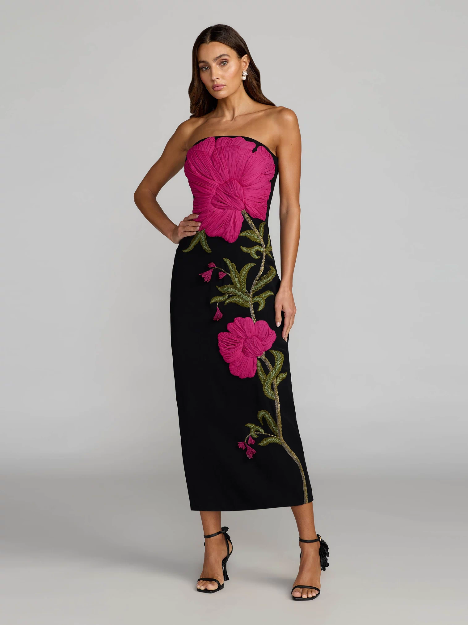 Black Strapless Floral Embroidered Midi Dress
