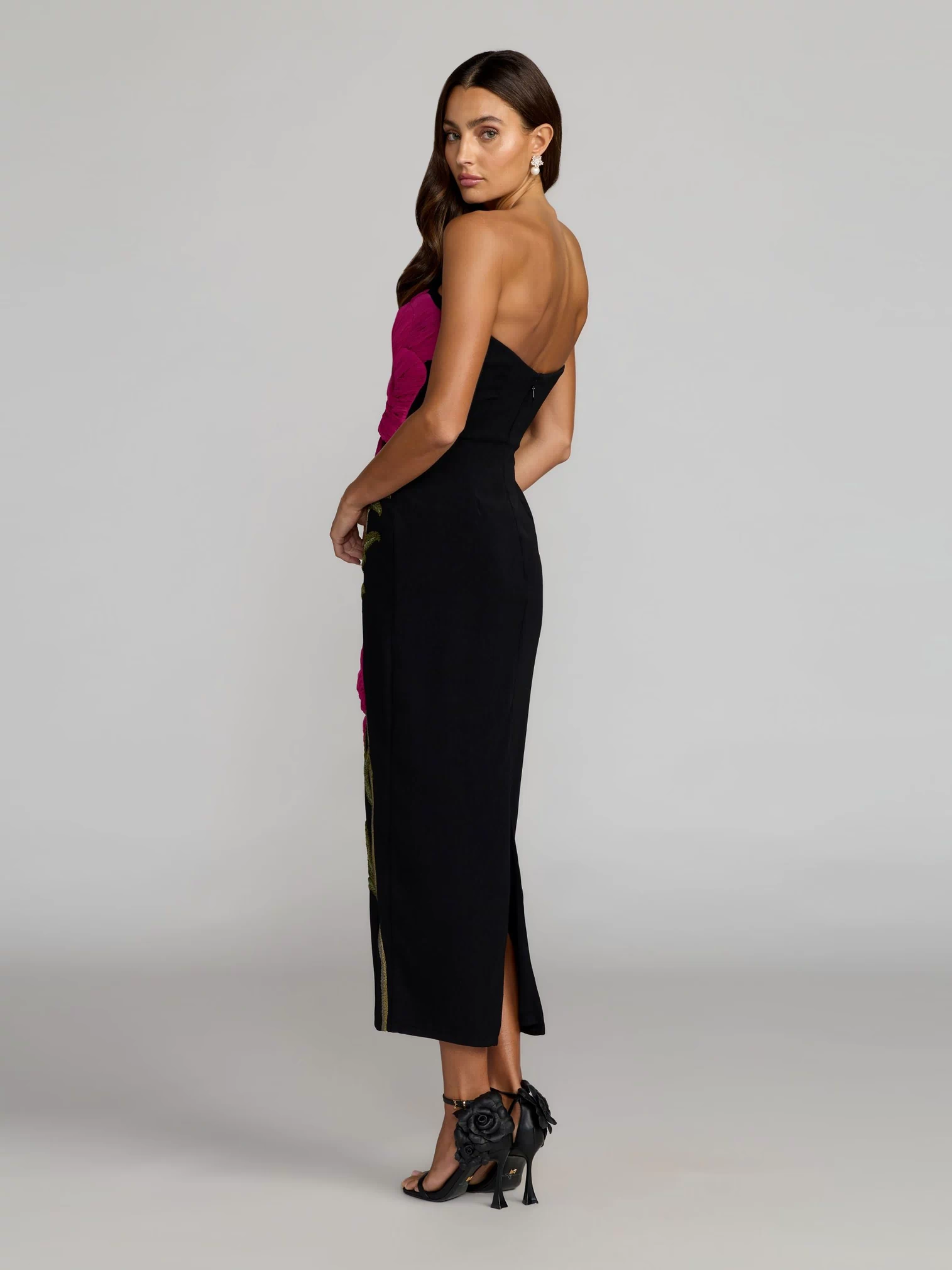 Black Strapless Floral Embroidered Midi Dress - Ieena for Mac Duggal