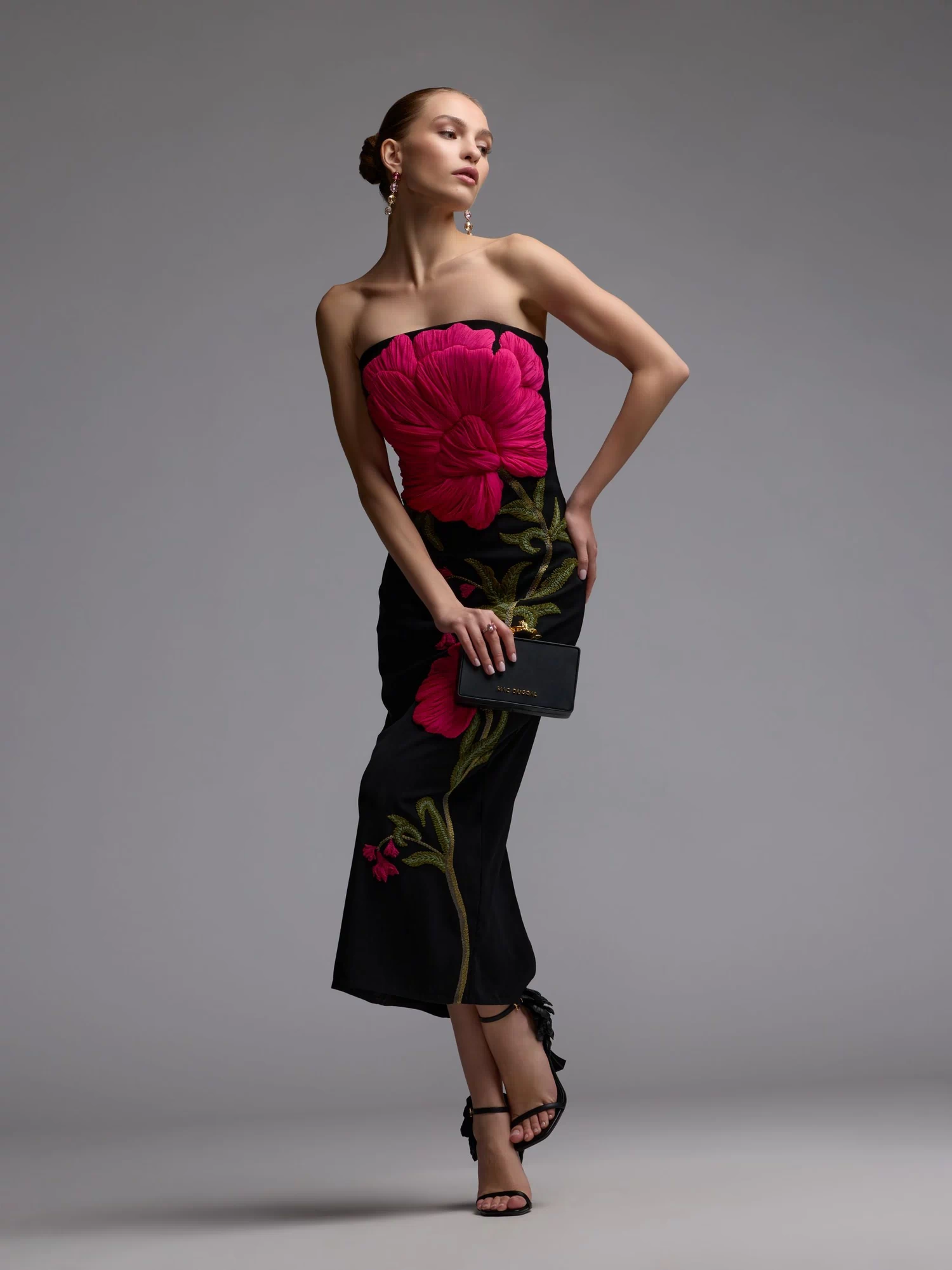 Black Strapless Floral Embroidered Midi Dress- Ieena for Mac Duggal