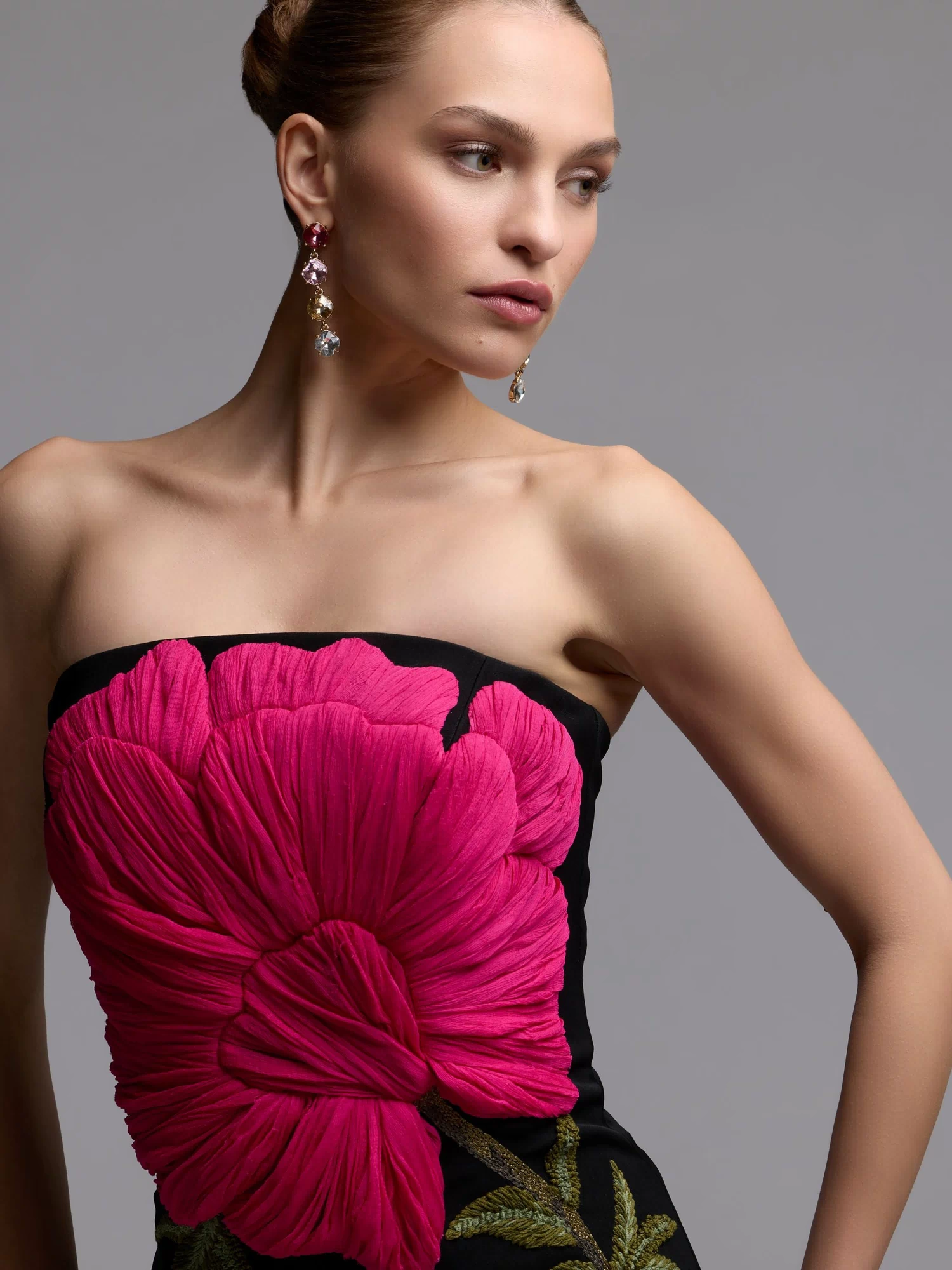 Black Strapless Floral Embroidered Midi Dress- Ieena for Mac Duggal