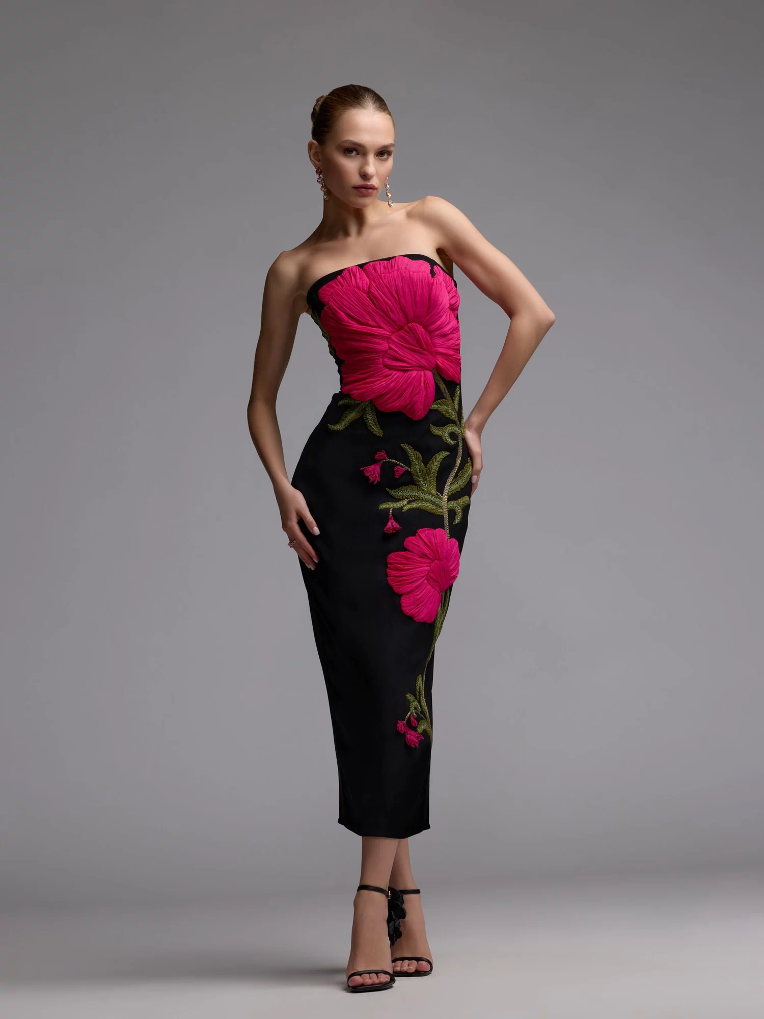 Black Strapless Floral Embroidered Midi Dress- Ieena for Mac Duggal