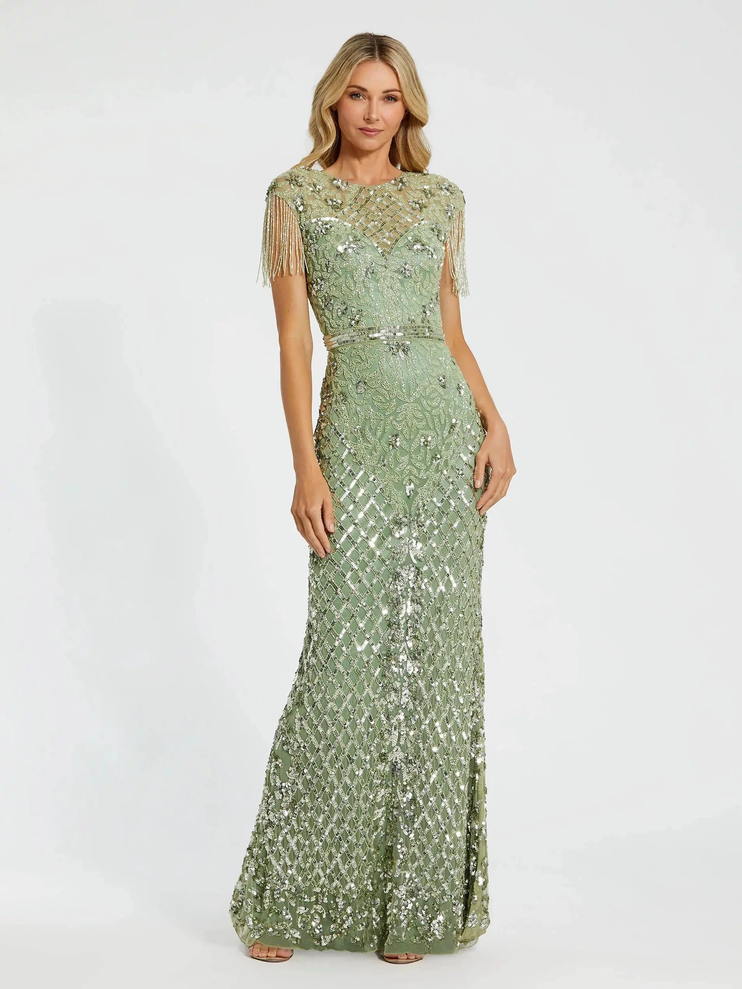 Petite Green High Neck Beaded Fringe Fitted Gown