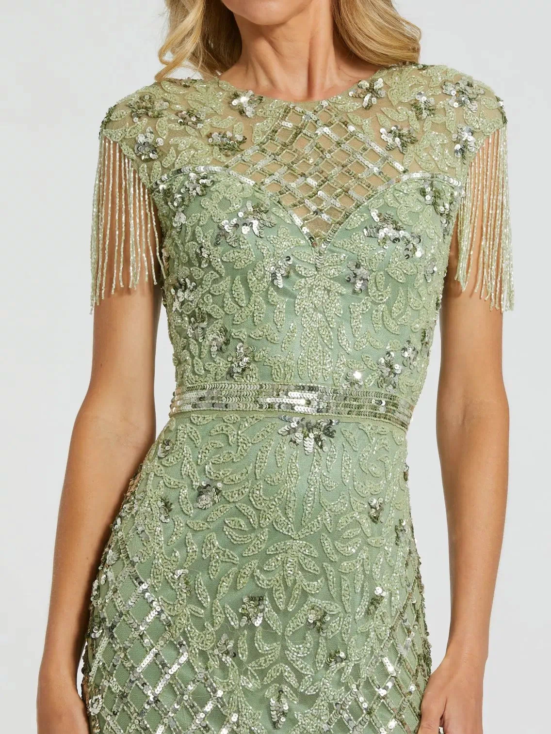 Petite Green High Neck Beaded Fringe Fitted Gown Mac Duggal
