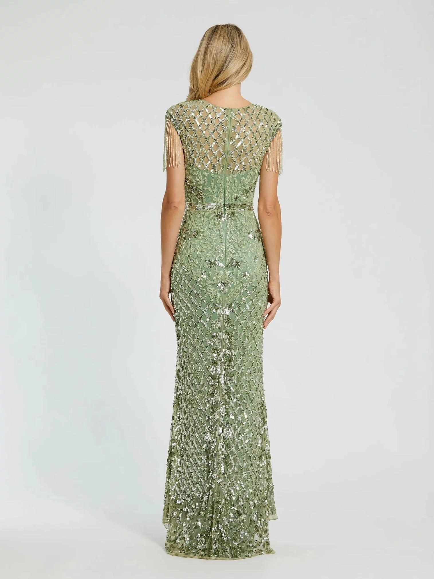 Petite Green High Neck Beaded Fringe Fitted Gown Mac Duggal