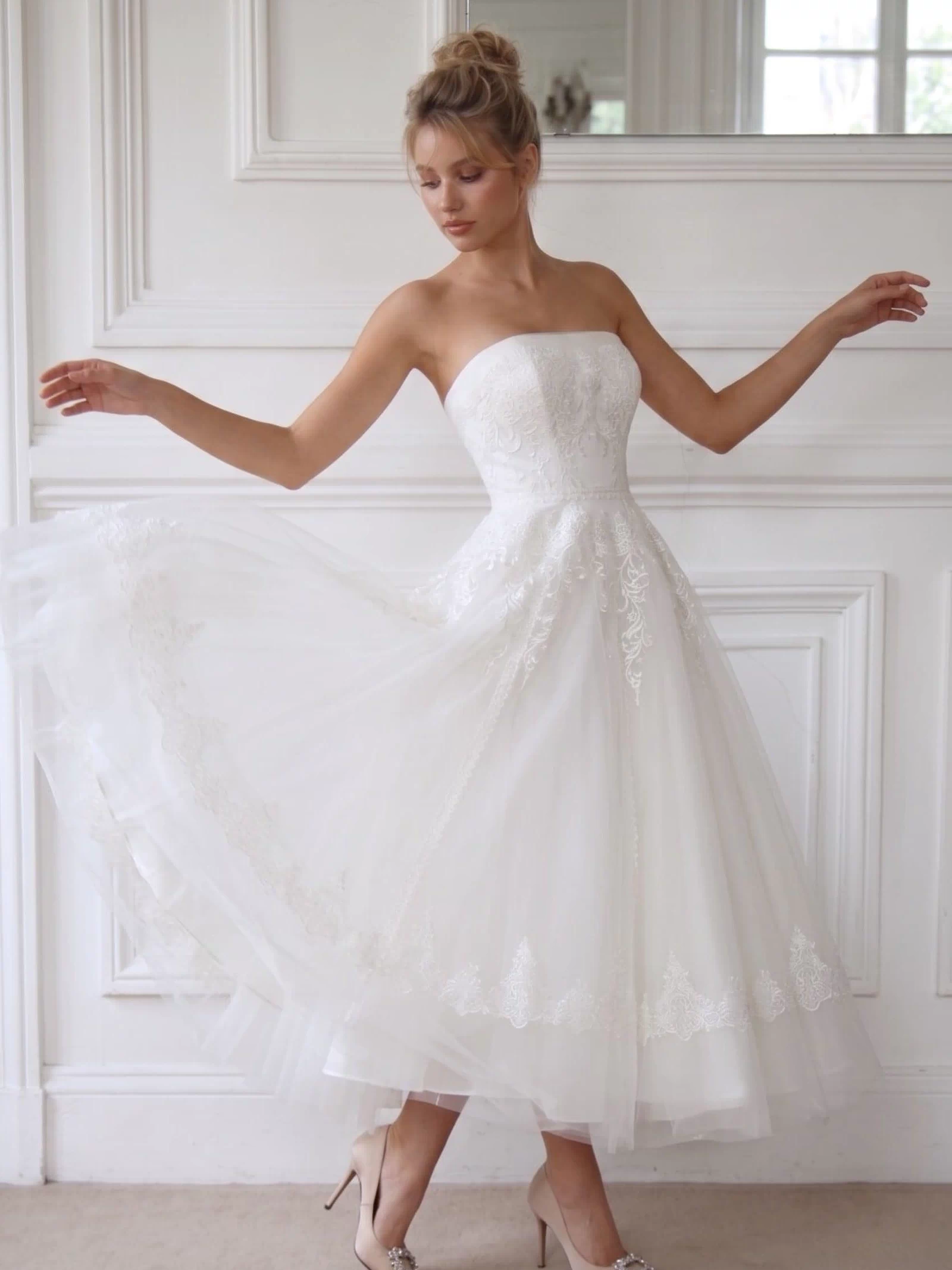 A-Line Ankle Length Tulle Wedding Dress CW2392 - 20 Days / Ivory / US0-UK2-EUR30 - COCOMELODY