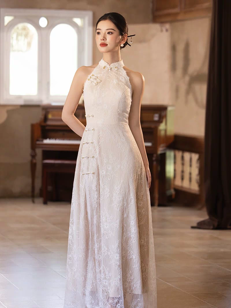 Exclusive Designer Collection | Halter Lace A-line Cheongsam Maxi Gown