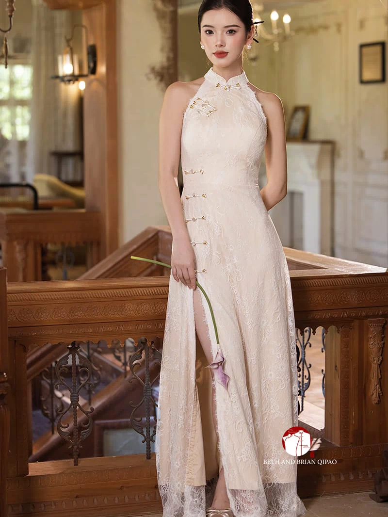 Beth and Brian Qipao-Exclusivedesigner Exclusive Designer Collection | Halter Lace A-line Cheongsam Maxi Gown