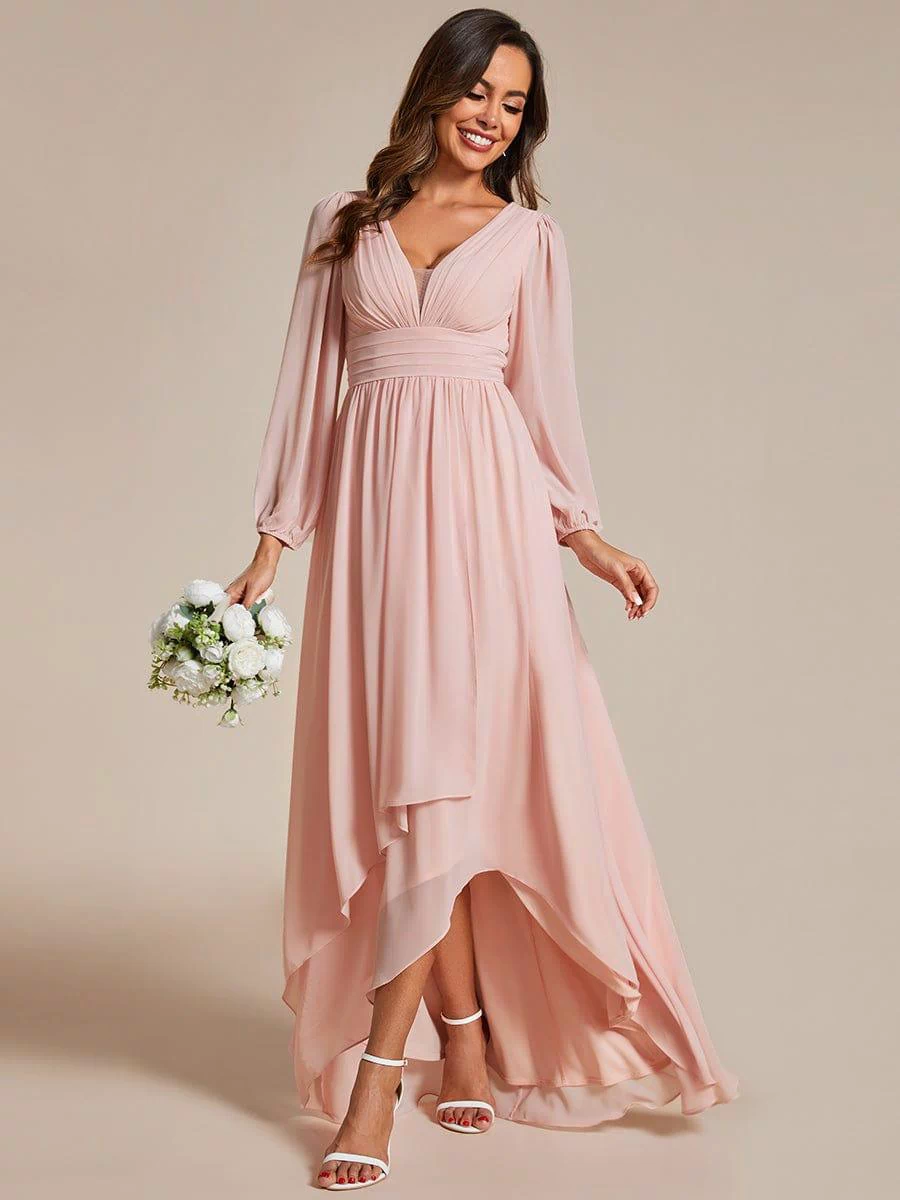 A-Line Pleated See-Through Long Lantern Midi Chiffon Bridesmaid Dress #color_Pink